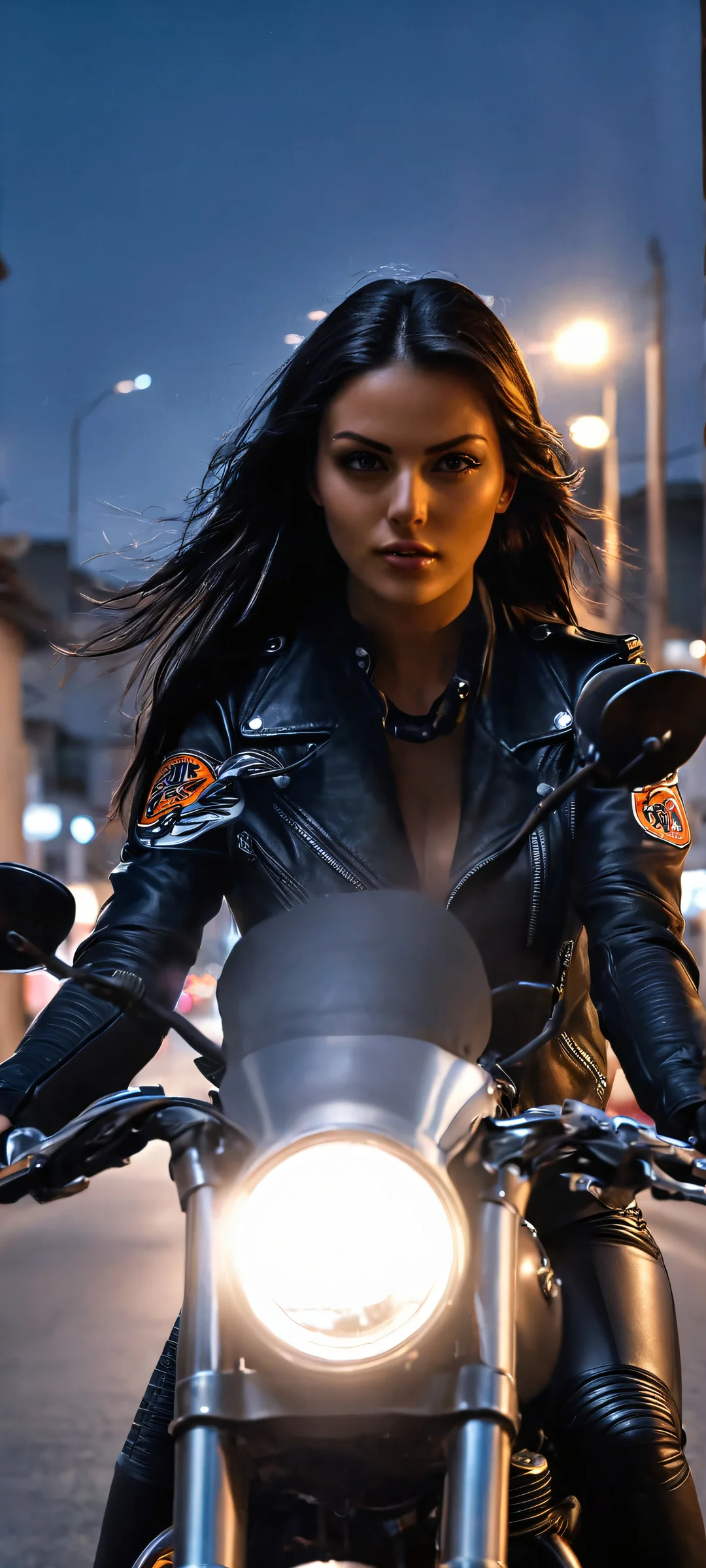 Dark City Nights QHD Phone Background Biker girl in a dark street with blinding camera flash, perfectly optimized for iPhone and Android home screens.