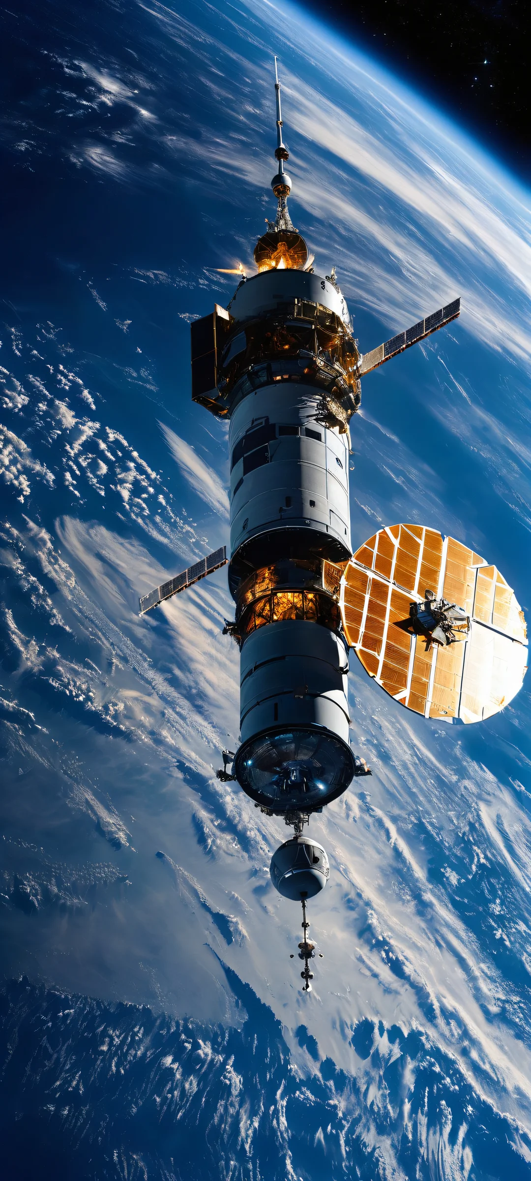 Immerse yourself in the breathtaking vertical orbit of a blonde satellite against a blue dark space masterpiece, perfect for iPhone and Android home screens.