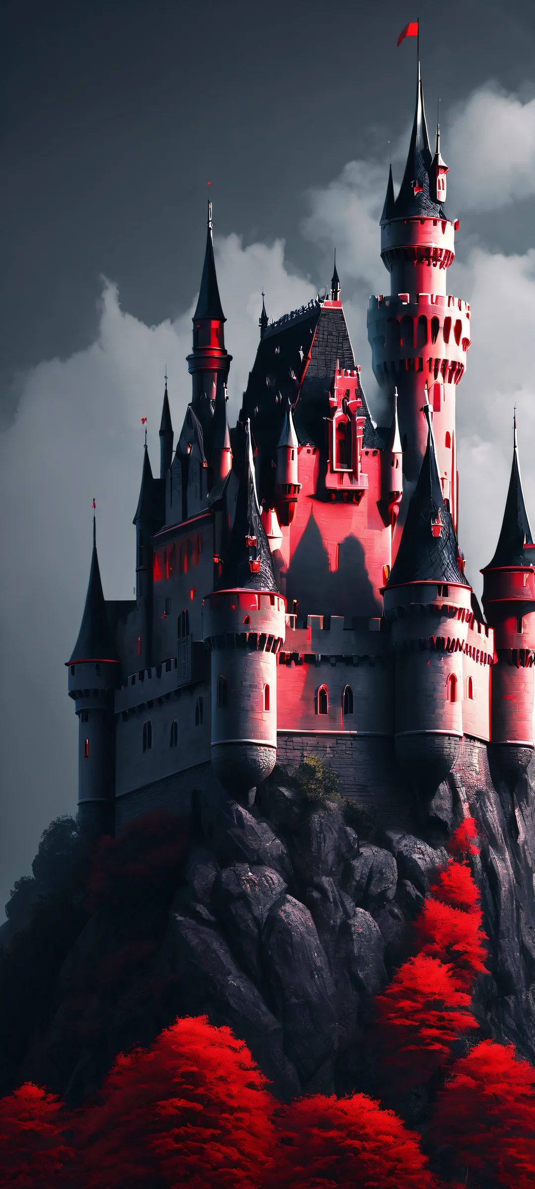 A majestic princess stands guard in front of a dark, mysterious castle, perfectly optimized for iPhone and Android home screens.