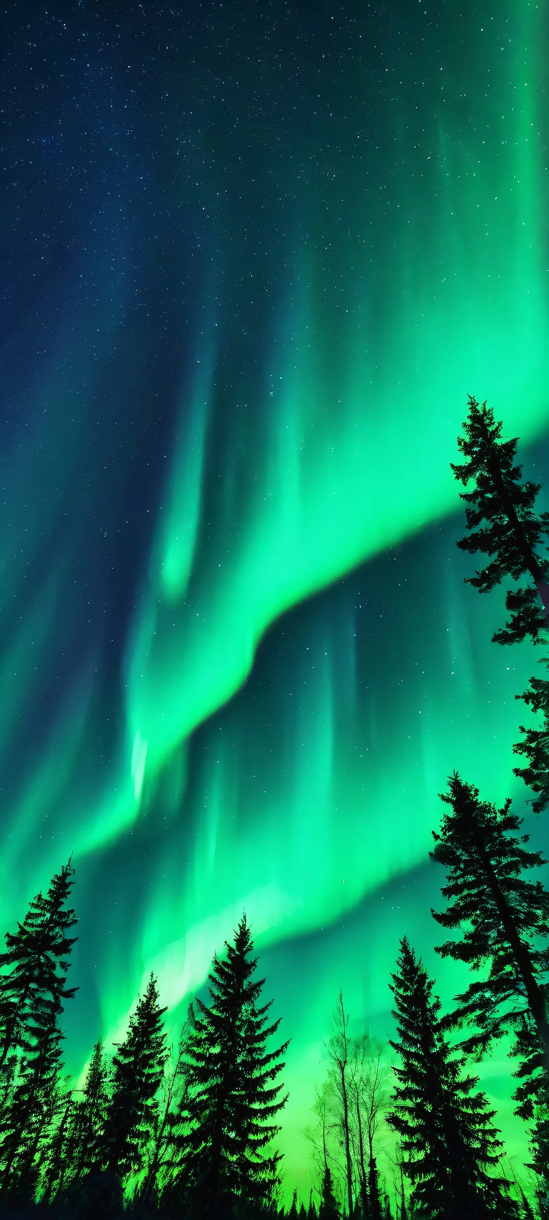 iPhone and Android users will be mesmerized by this stunning night sky featuring dark silhouetted trees against a breathtaking display of Northern Lights, also known as the aurora borealis.