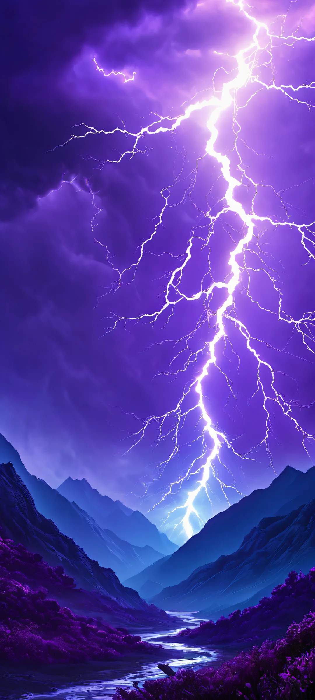 iPhone/Android wallpaper featuring a majestic mountainous landscape with deep purple and blue hues under a dramatic lightning storm.
