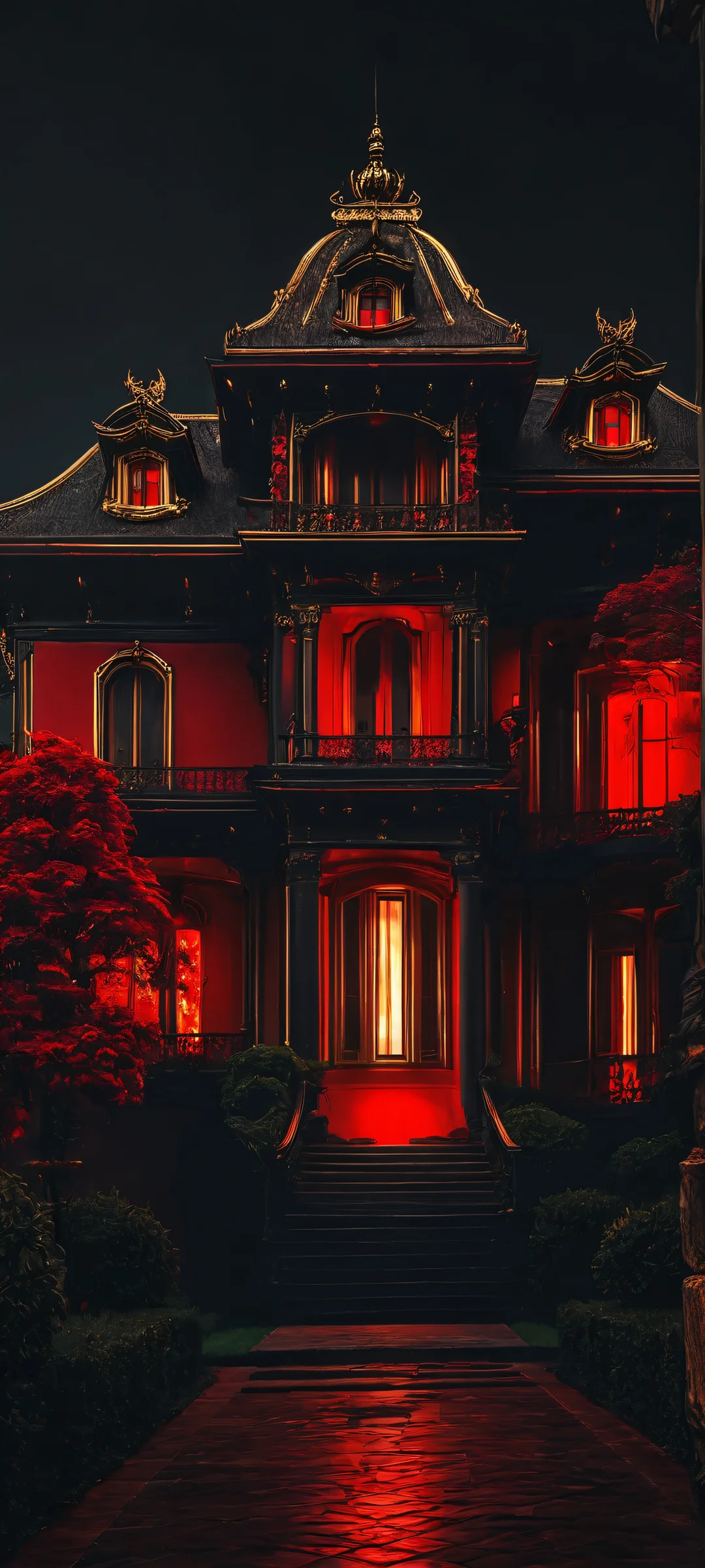 A dramatic iPhone and Android wallpaper featuring a grand mansion at dusk, with warm red and black hues and hints of gold. Perfectly optimized for your mobile phone home screen.