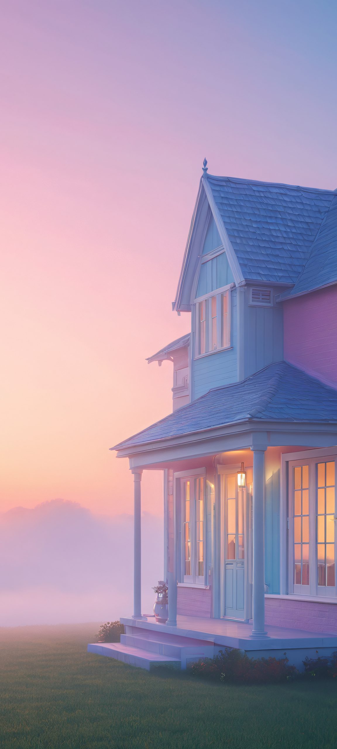 A serene dawn landscape on iPhone/Android home screen, featuring a misty countryside with a stunning house.