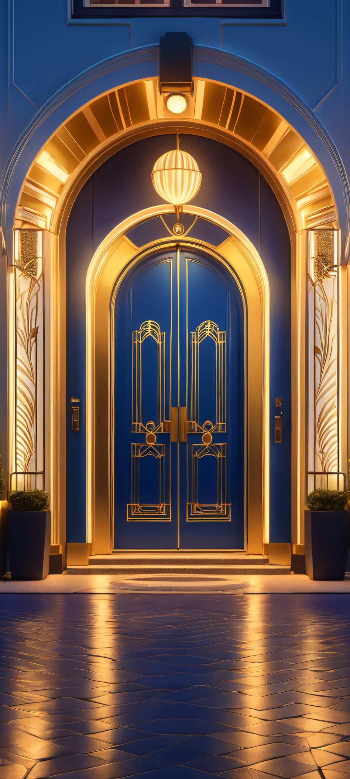 iPhone and Android user, download this stunning Hotel Entrance wallpaper with vibrant neon lights and Art Deco architecture, perfectly suited for your mobile phone's home screen.