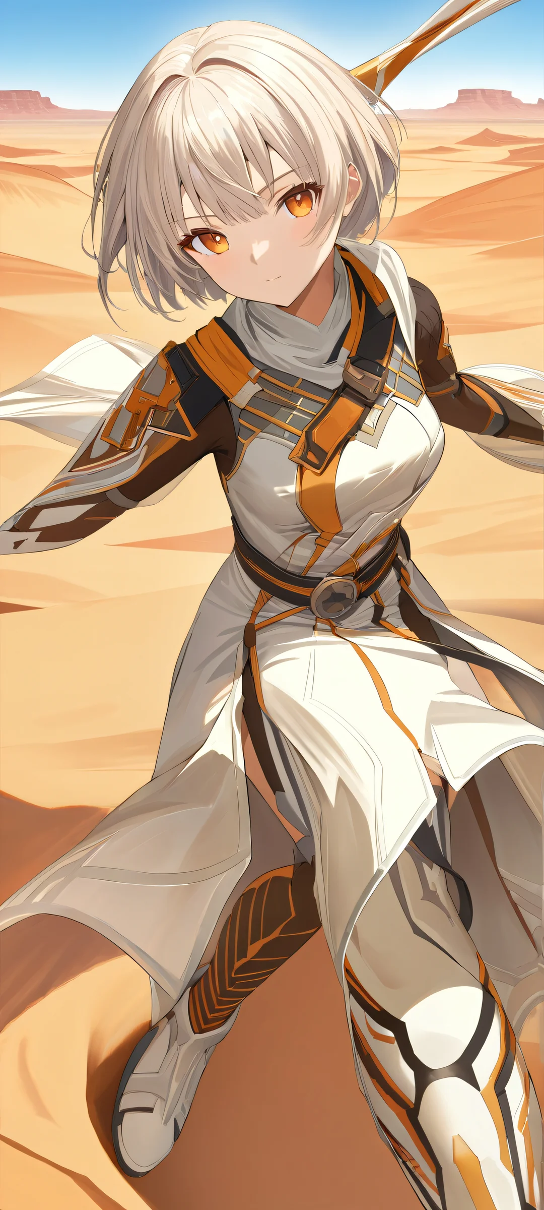 A stunning mobile wallpaper featuring a female explorer standing amidst the dunes of a desert landscape, intricately drawn with dynamic highlights and warm brown tones.