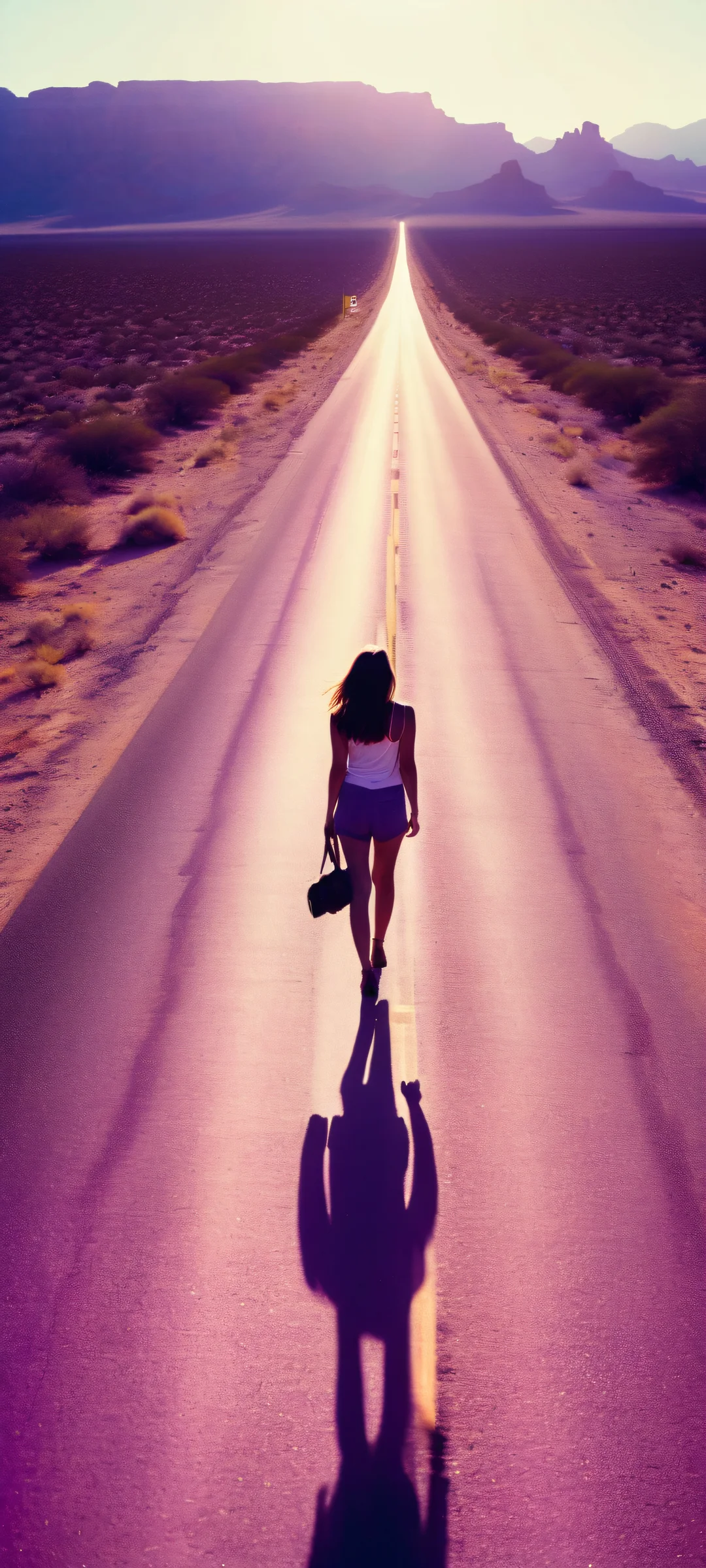 Girl standing by desert highway at sunset, iPhone/Android compatible.