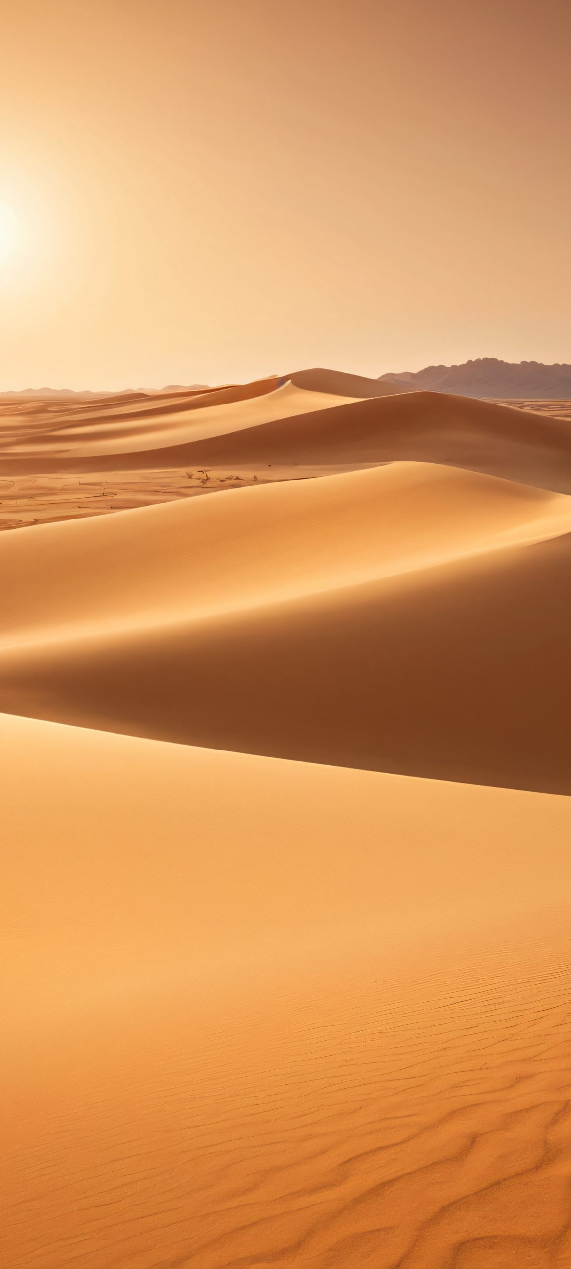 A serene desert landscape featuring sandy dunes and harsh sunlight on an iPhone or Android device.