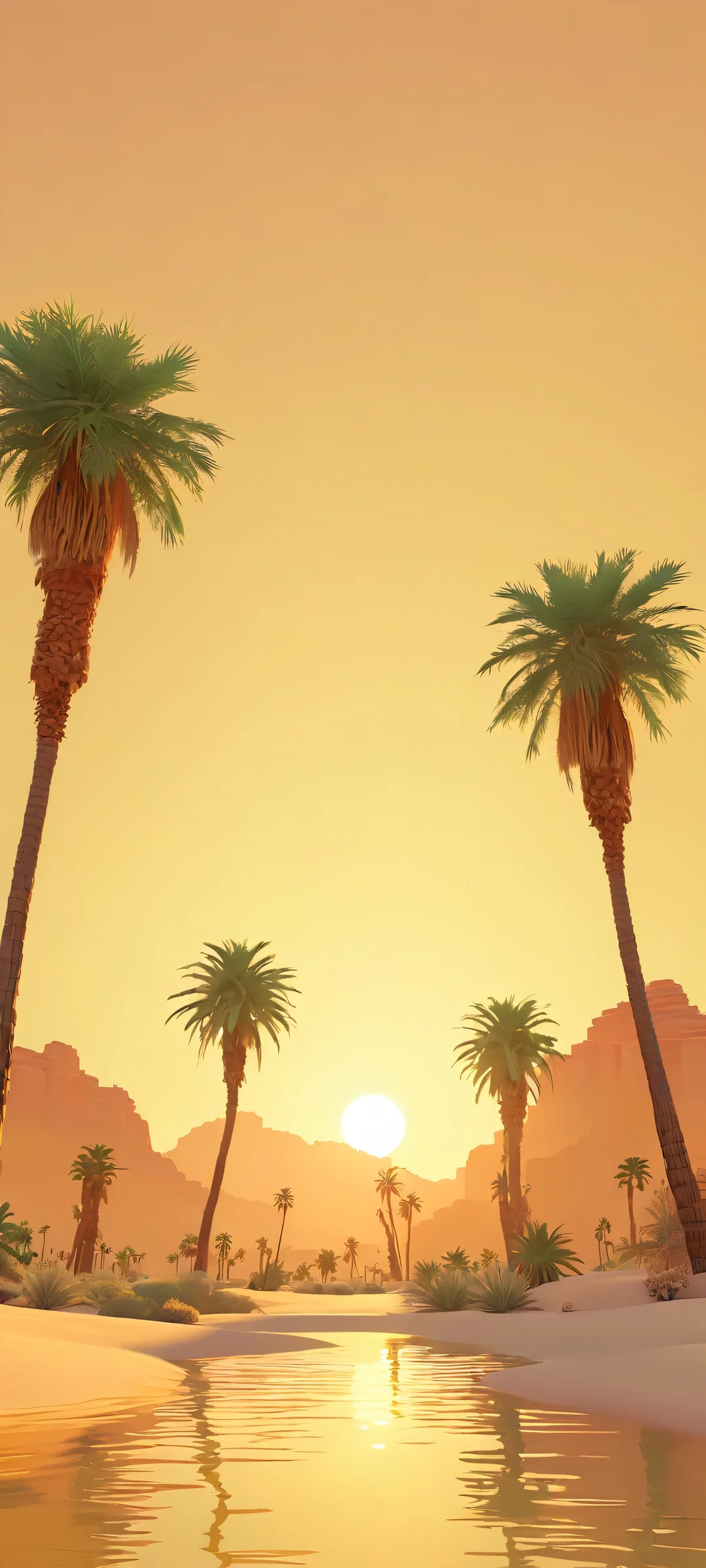 Breathtaking desert oasis palm trees against a warm beige and soft sage abstract spring backdrop, perfectly optimized for iPhone/Android home screens.