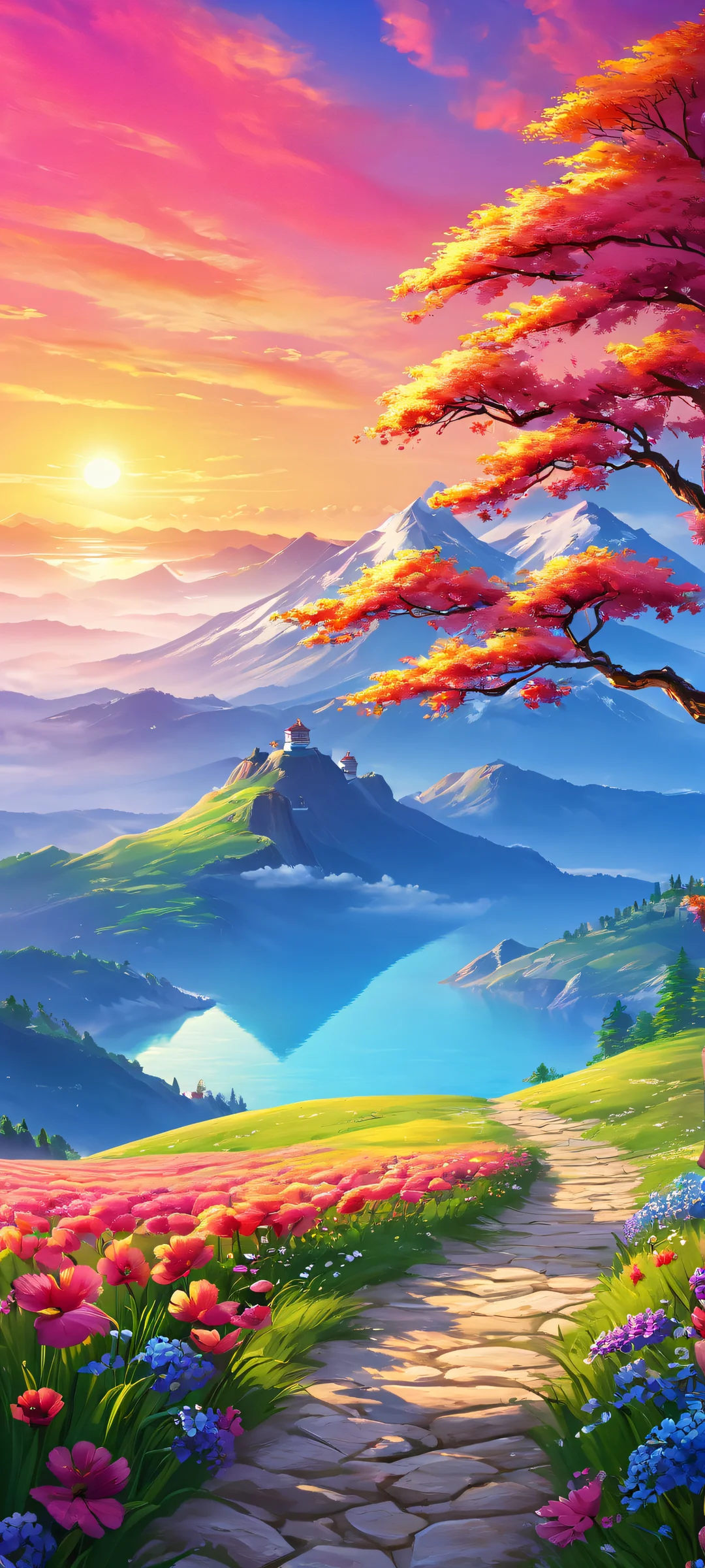 iPhone and Android users will love this breathtaking digital landscape as their perfect mobile wallpaper. A stunning oasis in the middle of a vibrant desert, showcasing 8K color palette mastery.