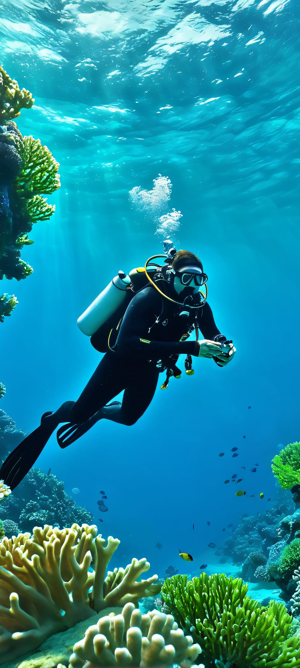 A serene underwater scene featuring a diver surrounded by vibrant blues, greens, and corals, suitable for iPhone/Android