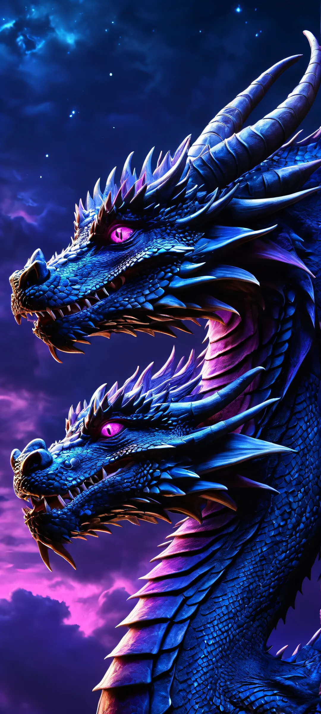 A majestic dragon rises from the darkness against a surrealistic backdrop of dark blues and deep purples, perfectly suited for iPhone and Android home screens.