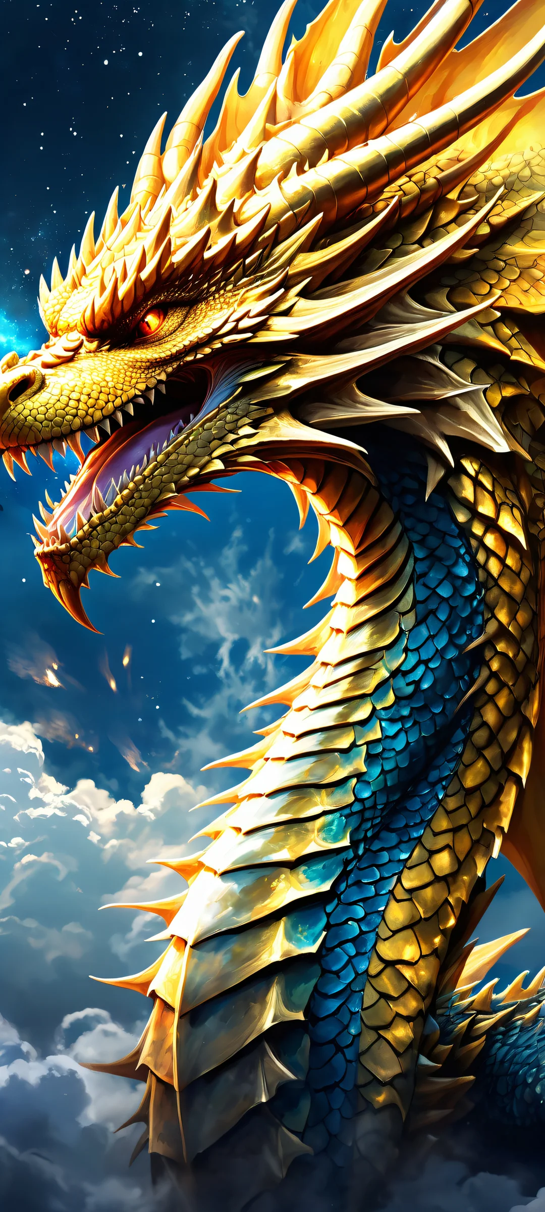 A majestic dragon illuminated by a fiery glow on a cloudy background, suitable for iPhone and Android devices.