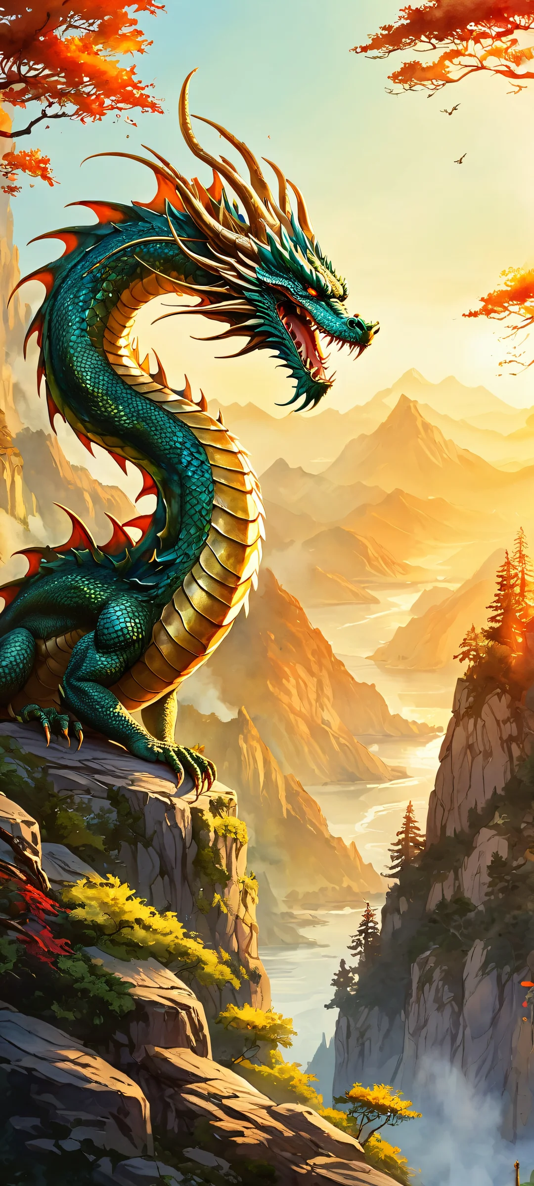 iPhone and Android users, behold! A majestic dragon in a mystic forest at golden hour, rendered in stunning watercolor details. Perfectly optimized for your mobile home screen.