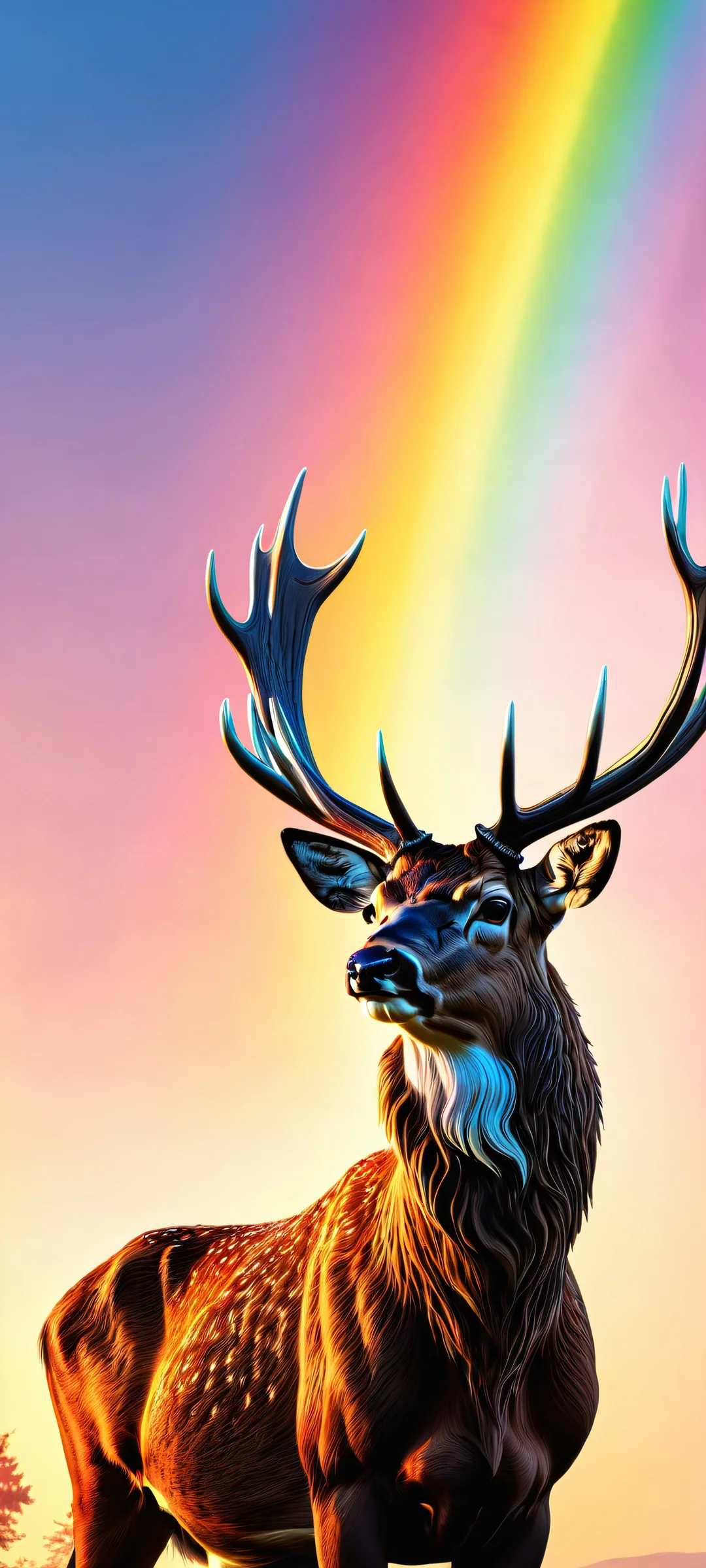 A majestic stag stands out against a vibrant rainbow-colored sky on an iPhone or Android home screen.