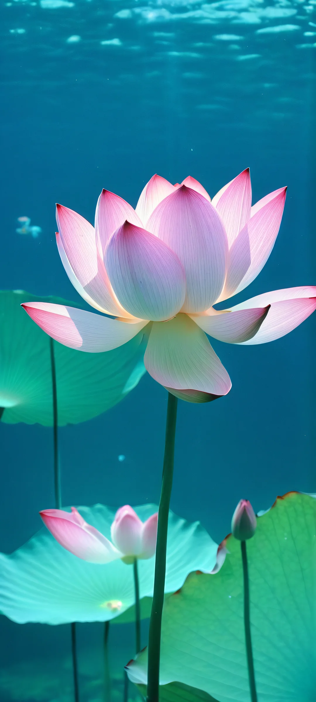 A stunning underwater lotus flower scene for iPhone/Android, with soft pink and deep blues hues.