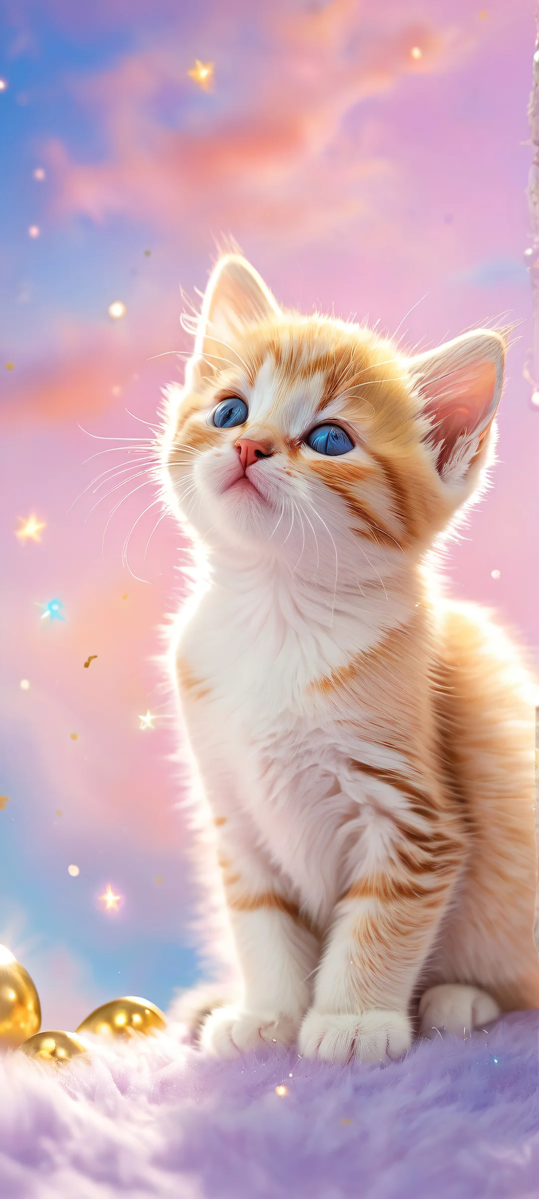 A featureless kitten made from colorful paints with a void background featuring clouds, stars, and a crescent moon. Perfectly optimized for iPhone/Android home screens.