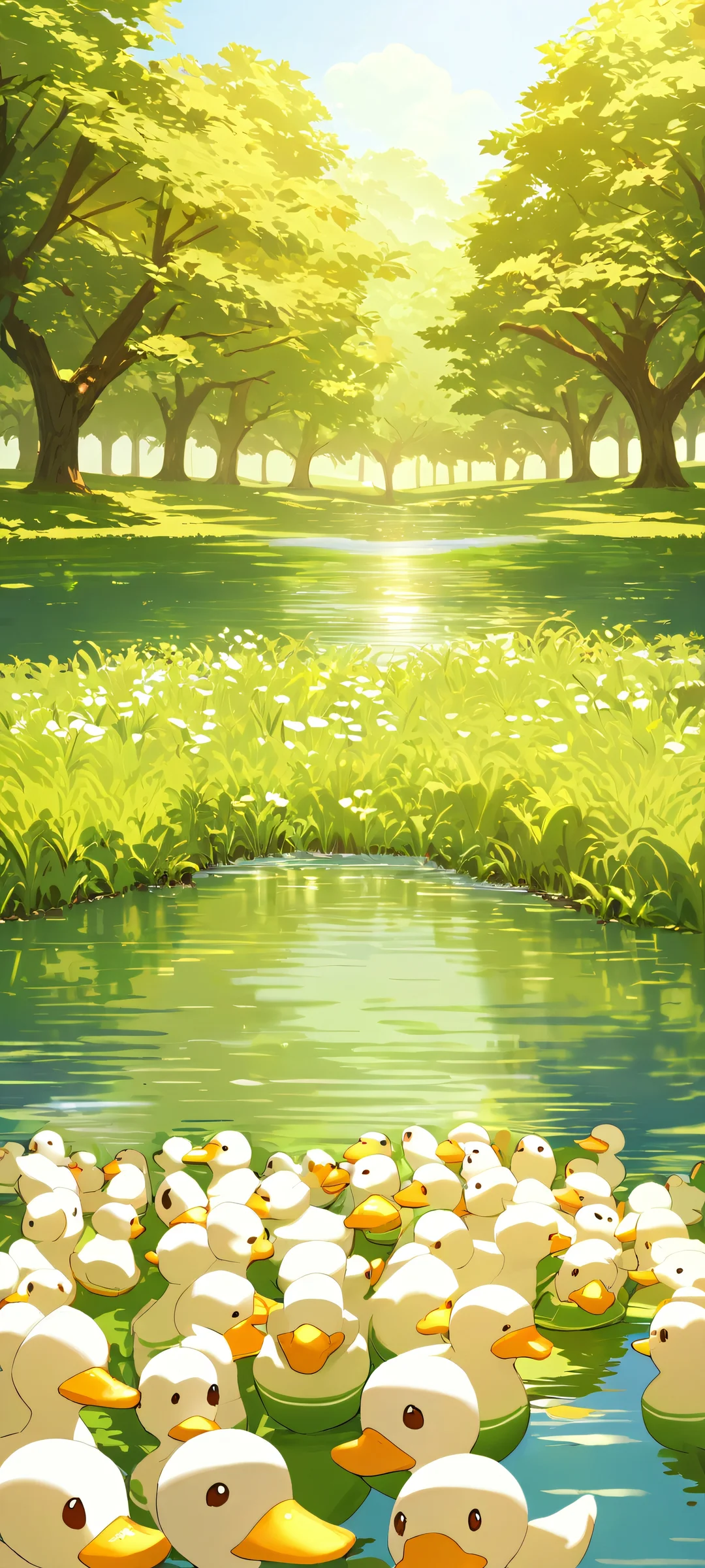 A group of ducks walking together on a beautiful daytime landscape, perfectly suited for iPhone and Android home screens.