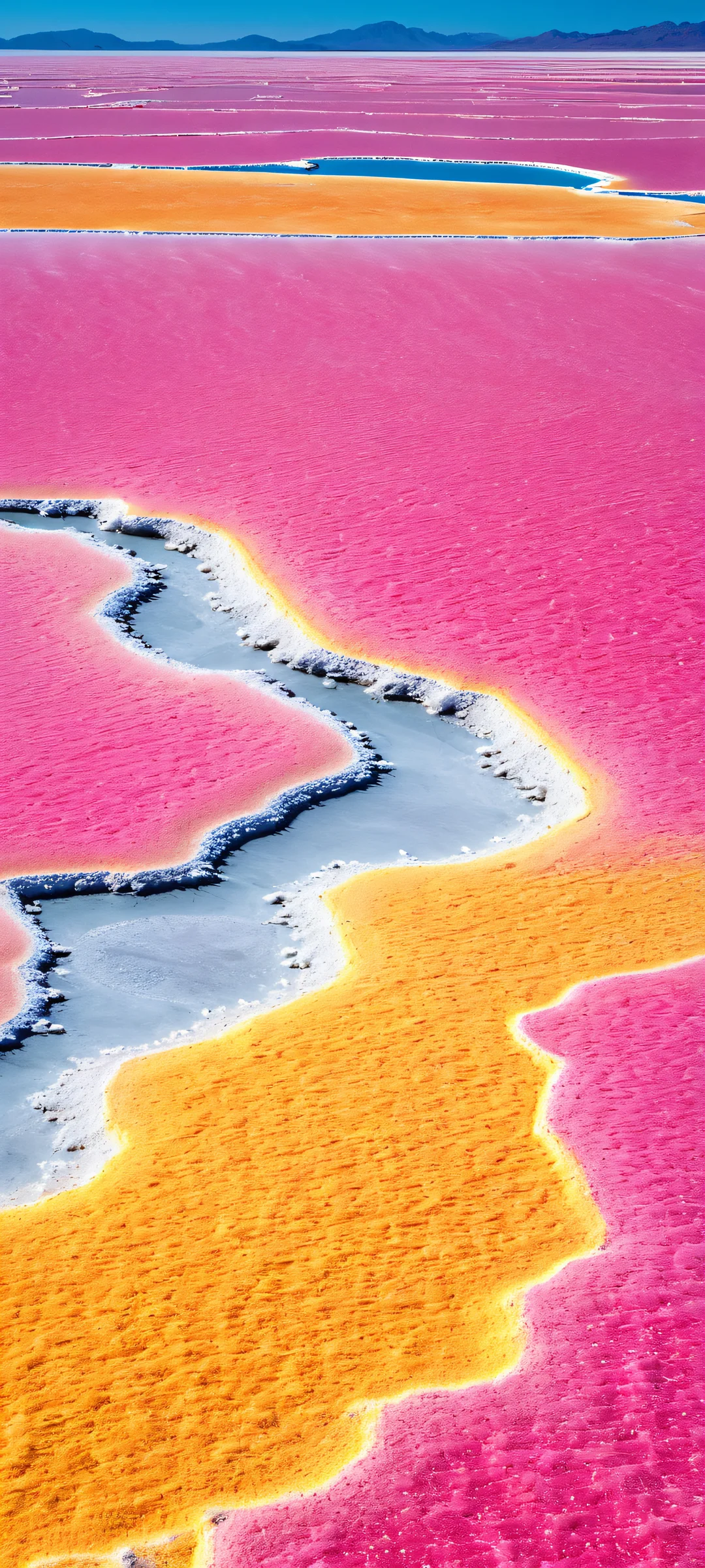 iPhone and Android users, behold the breathtaking vertical mobile phone wallpaper of Salt Flats, set against a dark background with dim lighting. Vibrant hues of bright pink, deep blues, and vibrant yellows dance across the masterpiece.