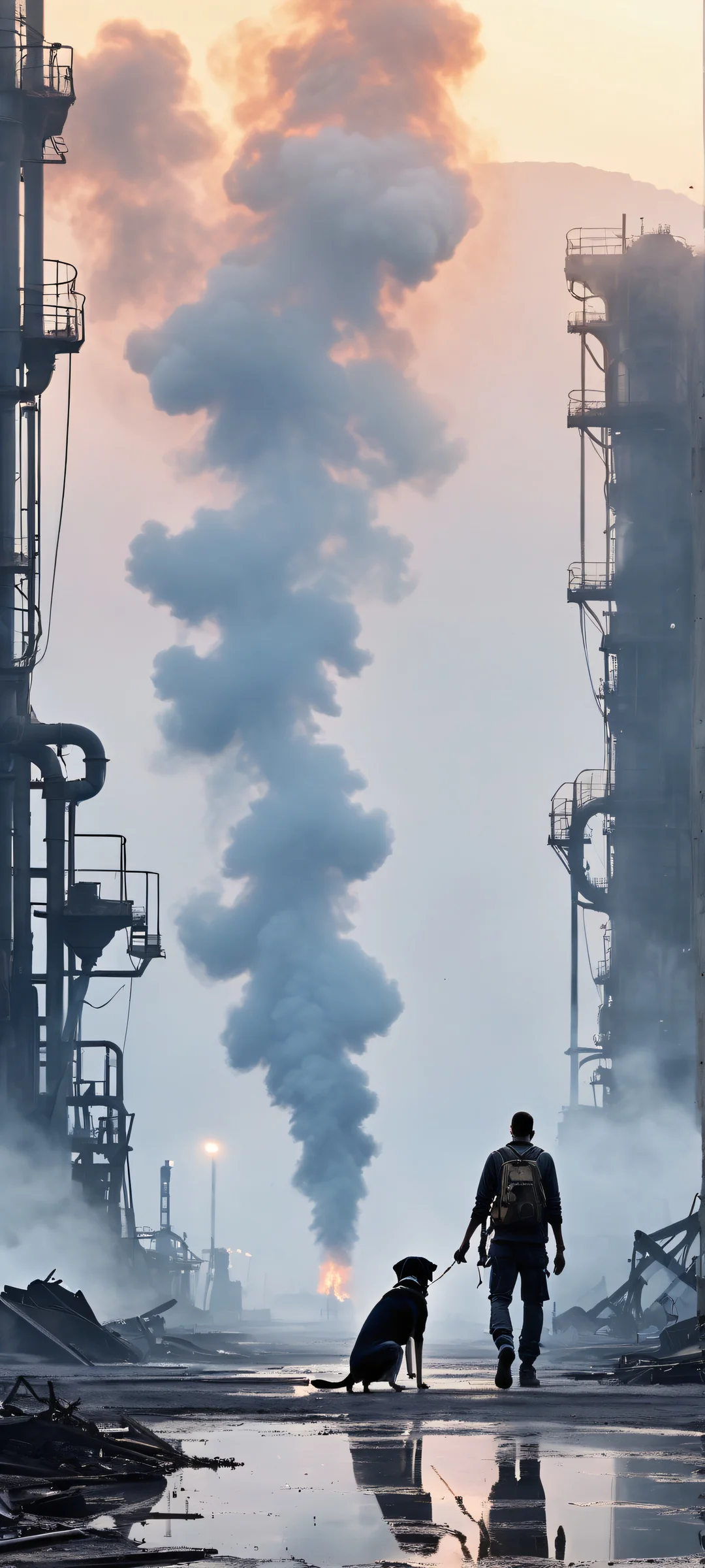 Dusk Pursuit 2K QHD Home Screen A dramatic scene of a walking figure and dog set against an industrial wasteland backdrop at dusk, perfect for iPhone and Android home screens.