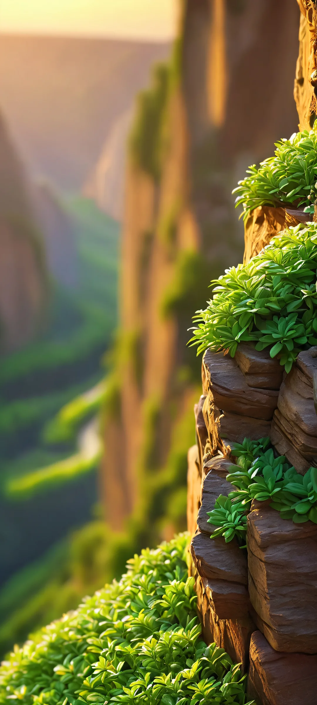 Breathtaking vertical mobile phone wallpaper of a valley at dusk, featuring macro details and stunning green and brown hues. iPhone/Androidのホーム画面に完全に最適化.