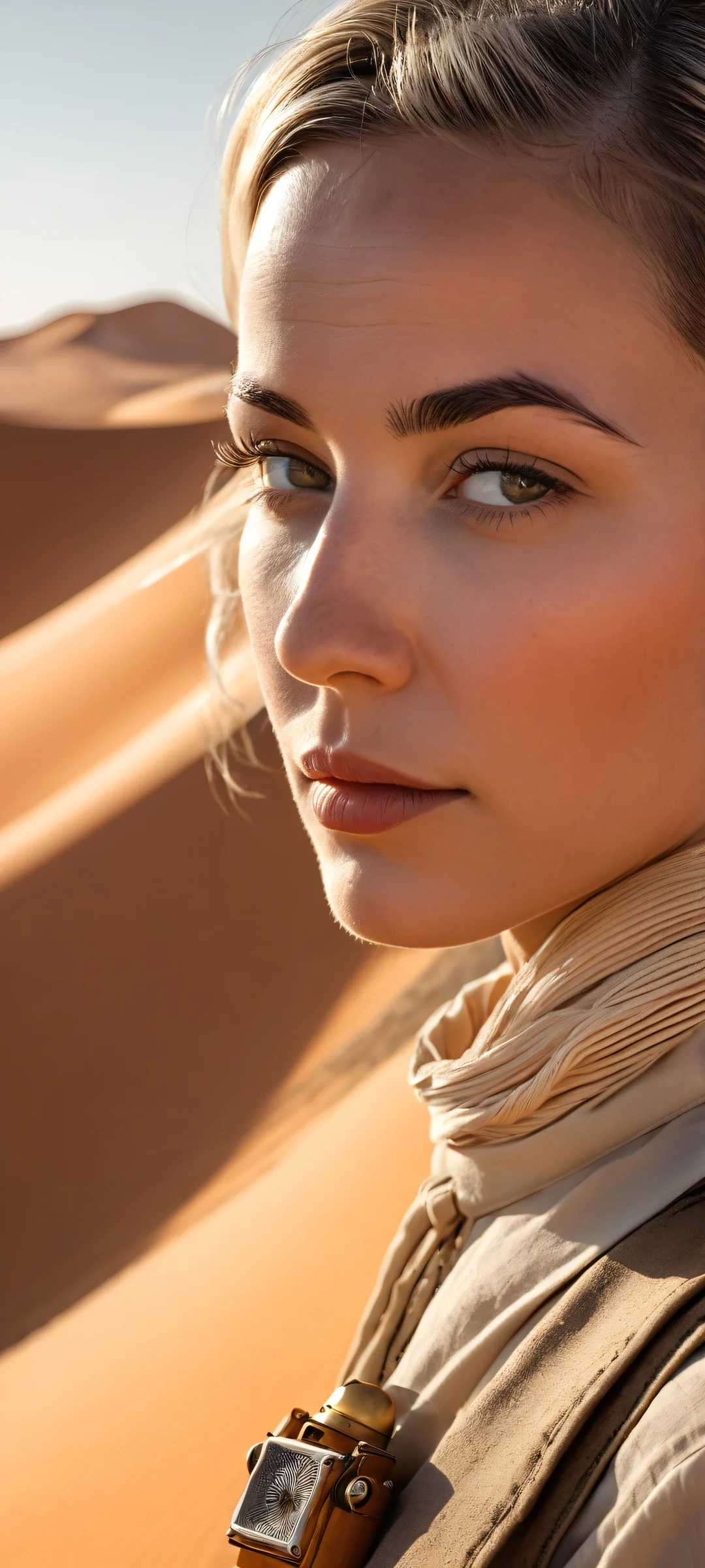 Dusty Desert Siren Aesthetic Phone Wallpaper Portrait of a 1930s female explorer set against a dusty desert landscape, perfect for iPhone and Android home screens.