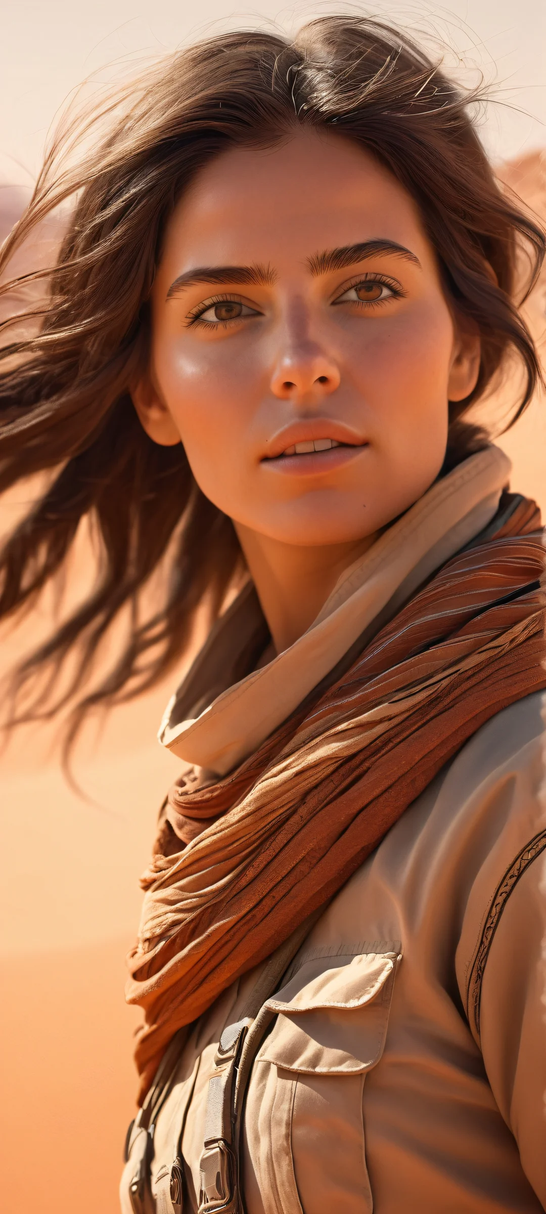 A stunning image of a female explorer standing tall in the dusty desert landscape, perfectly suited for iPhone and Android home screens.