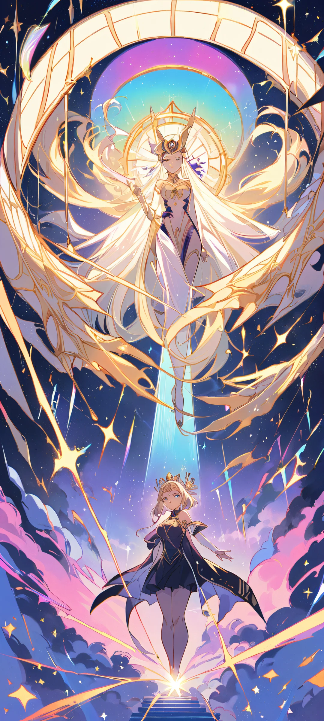 Edea's Heavenly Descent 2K QHD Home Screen iPhone and Android user with a stunning anime wallpaper of Edea and friends, surrounded by heavenly stairway and glowing light.