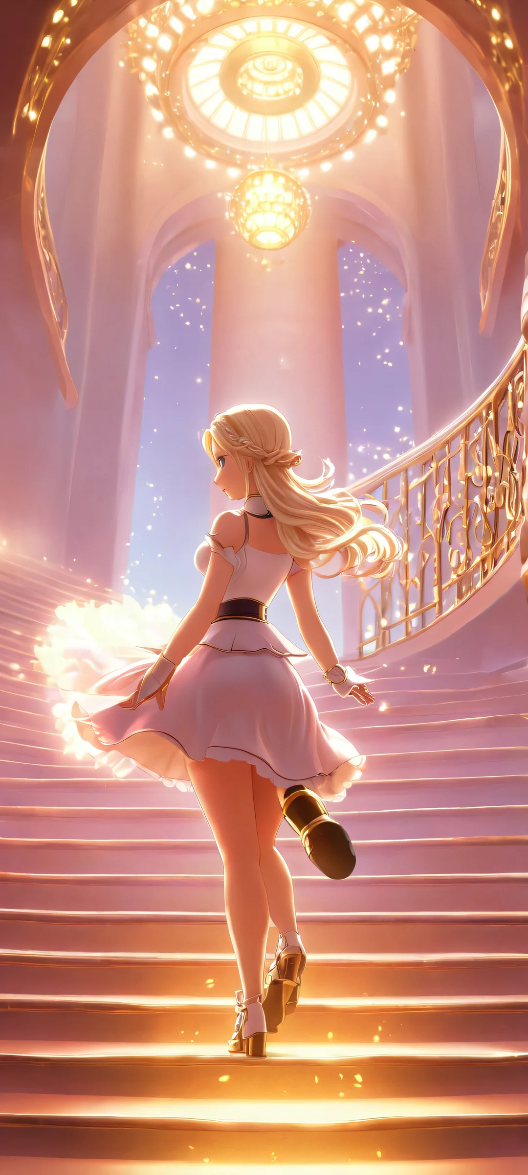 Anime girls Edea and Erica standing at the foot of a glowing stairway to heaven, perfect for iPhone/Android home screens.