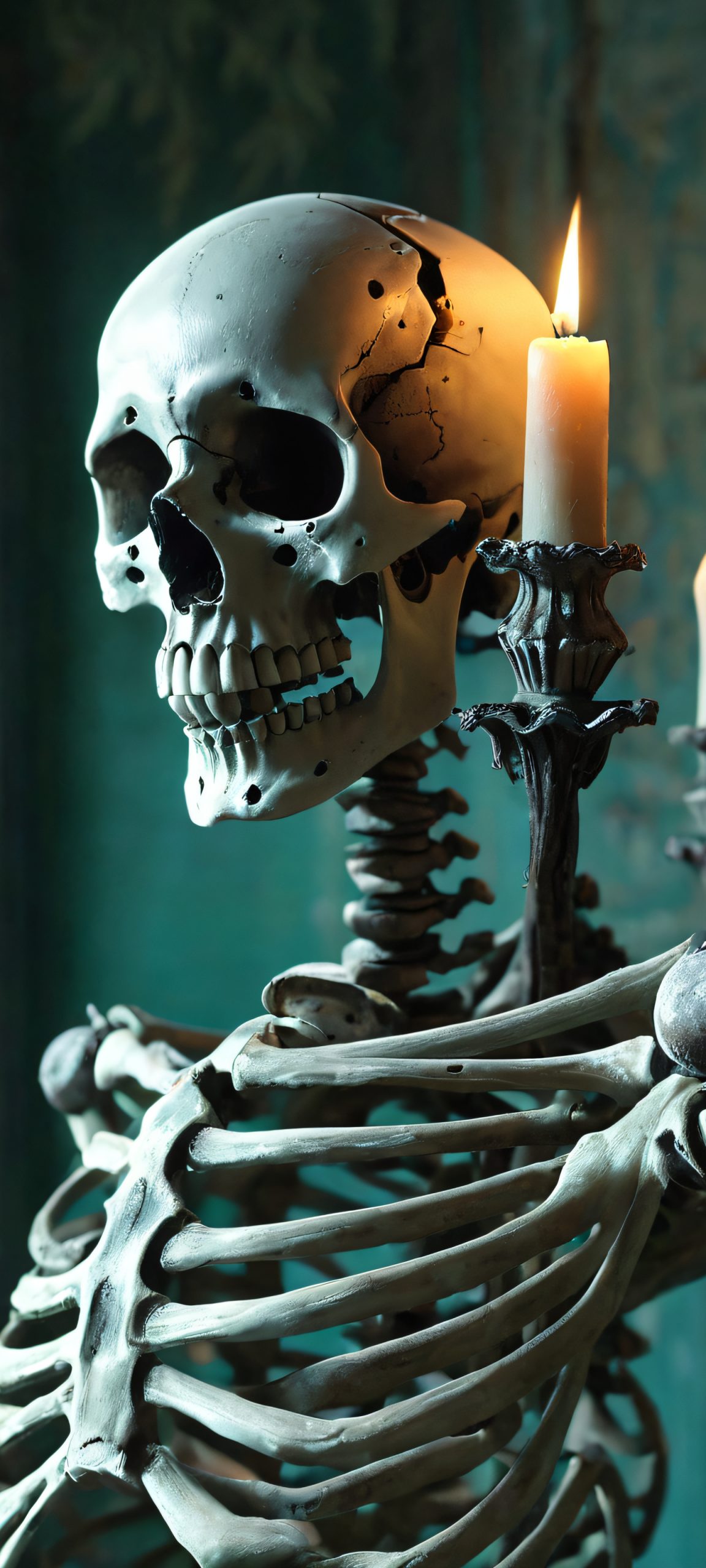 iPhone/Android wallpaper of a hauntingly abandoned asylum at twilight, with flickering candles casting an eerie glow.