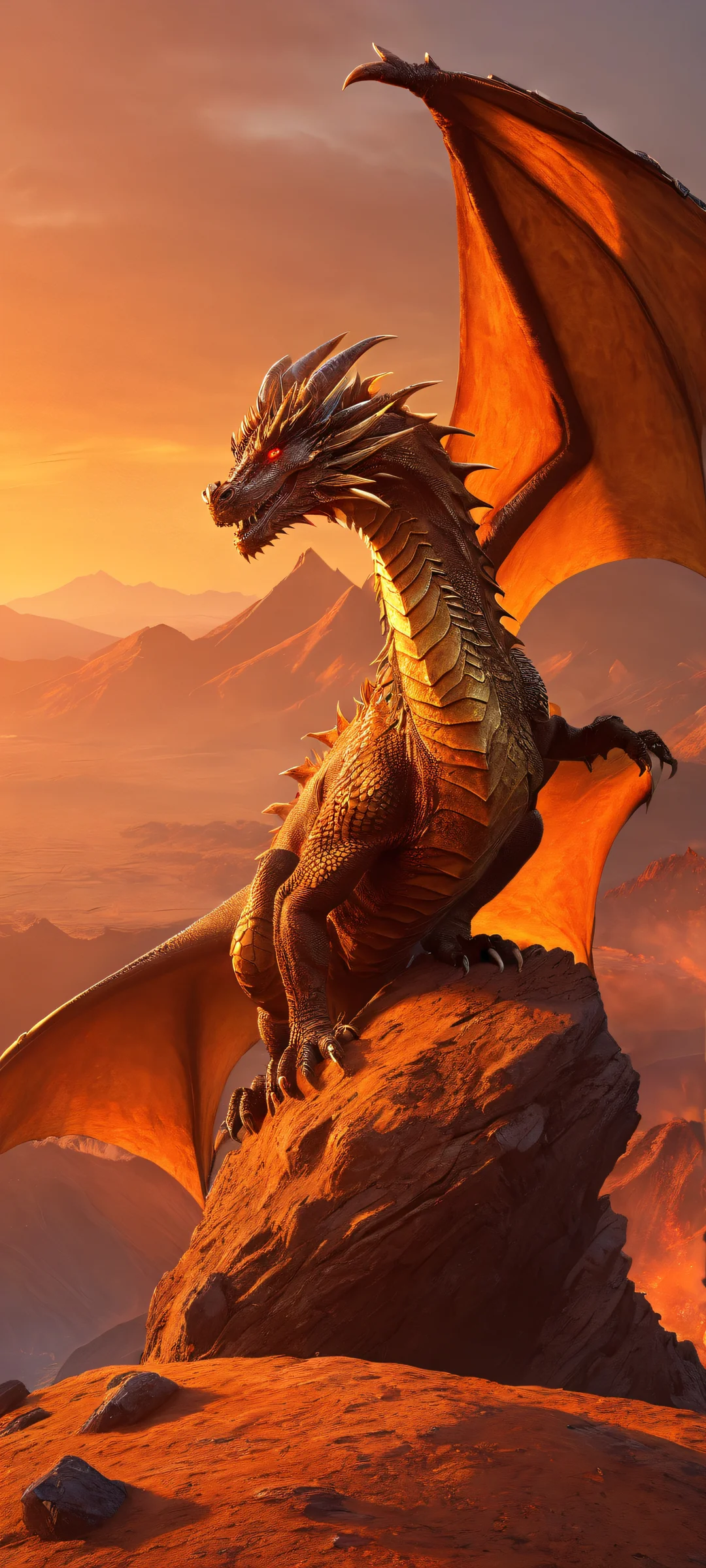 A majestic Elder Dragon sits atop a volcano, softly illuminated by fiery orange and golden brown hues, suitable for iPhone/Android home screens.