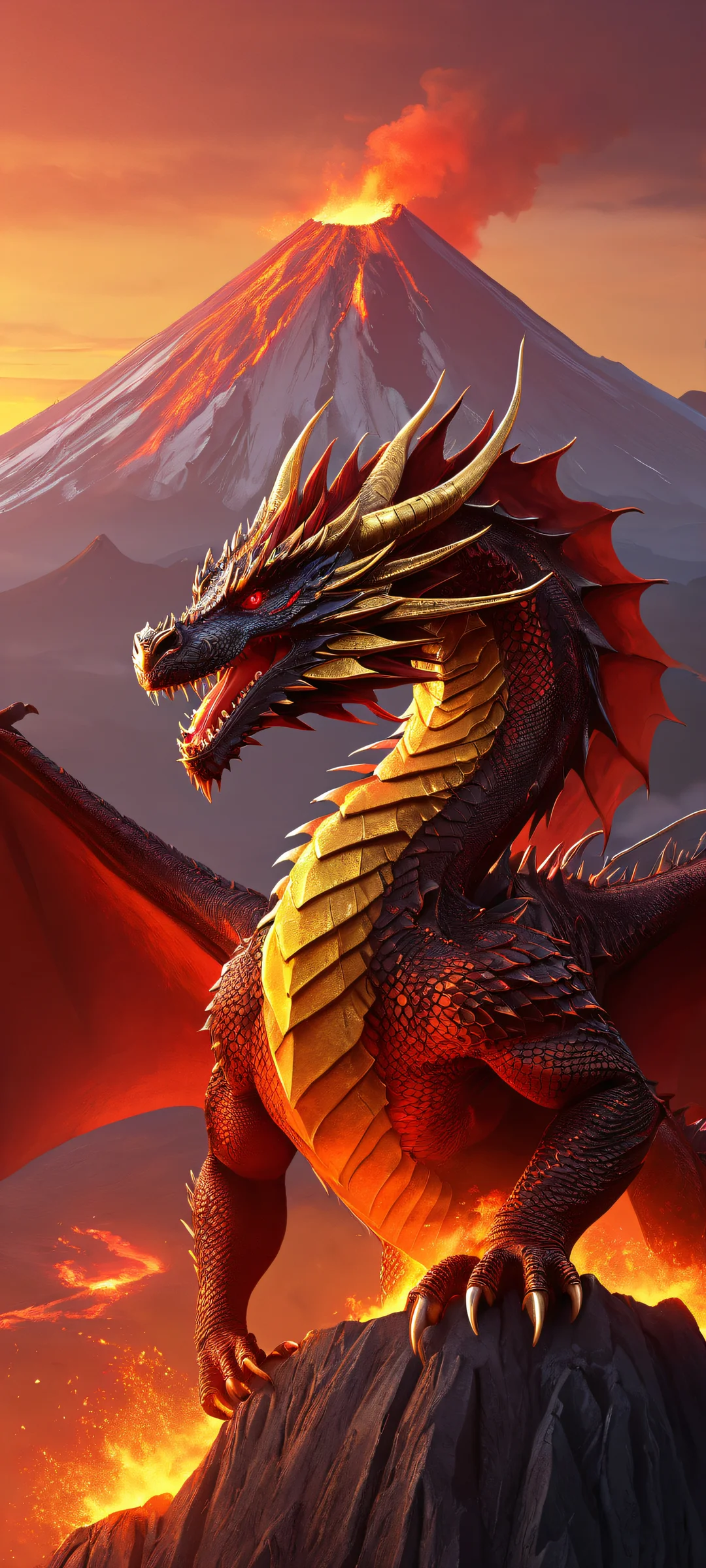 Majestic Elder Dragon soaring above a volcano landscape on iPhone/Android, with golden glow and deep crimson hues.