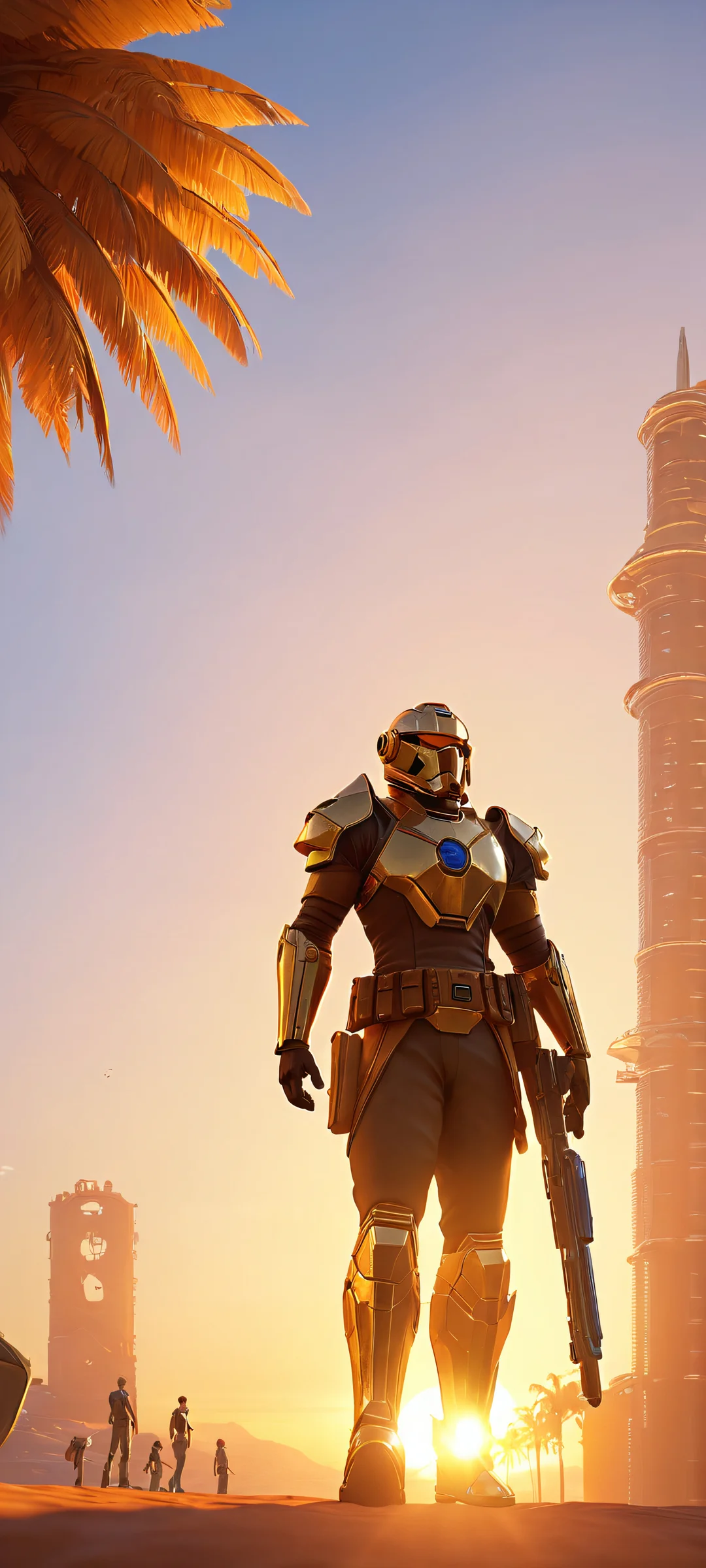 A stunning mobile wallpaper featuring video game characters basking in golden brown and bluish hues of a sunset on a fantastical landscape, perfectly optimized for iPhone and Android home screens.