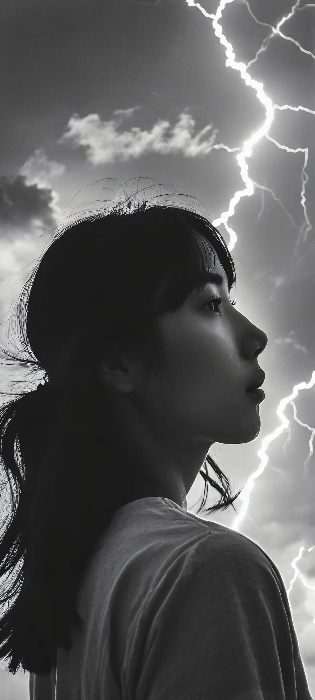 Electric Dreamscape 2K QHD Mobile Wallpaper Girl gazes at lightning-filled clouds, iPhone/Android.