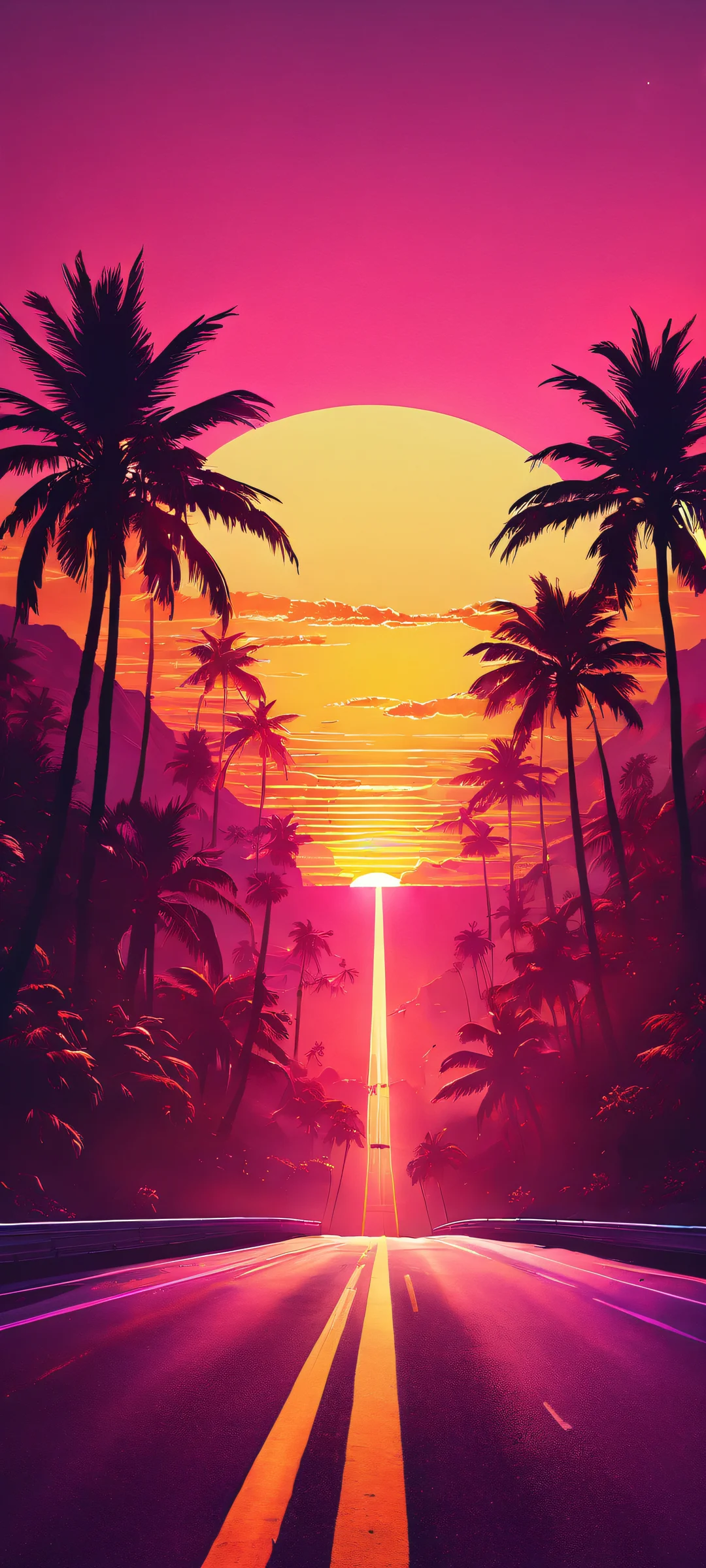 Electric Sunset Drive iPhone & Android Wallpaper A vibrant iPhone and Android mobile wallpaper featuring a stunning sunset highway scene with palm trees and synthwave neon lights.