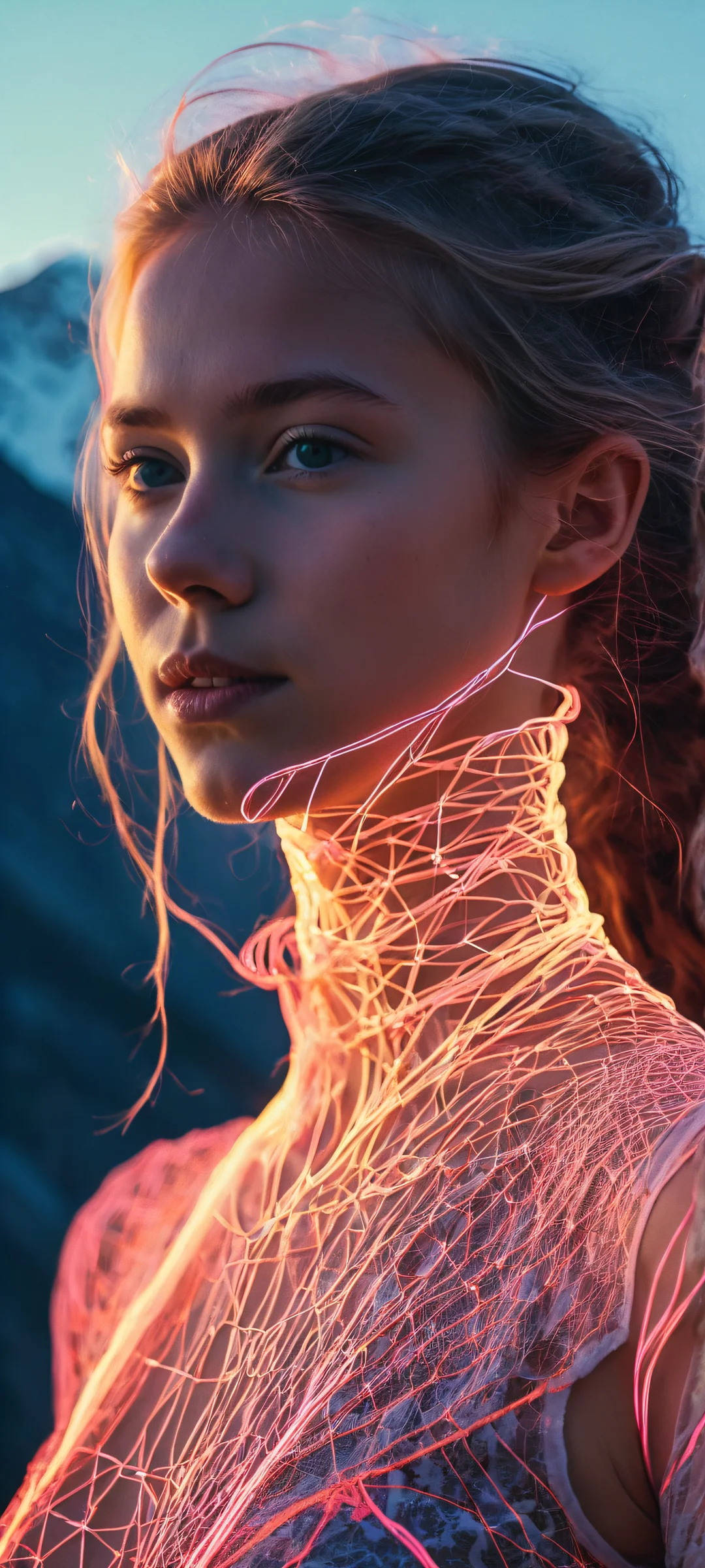 Electro Girl QHD Phone Background Vertical portrait artwork of an electro girl surrounded by mountains on iPhone and Android devices.