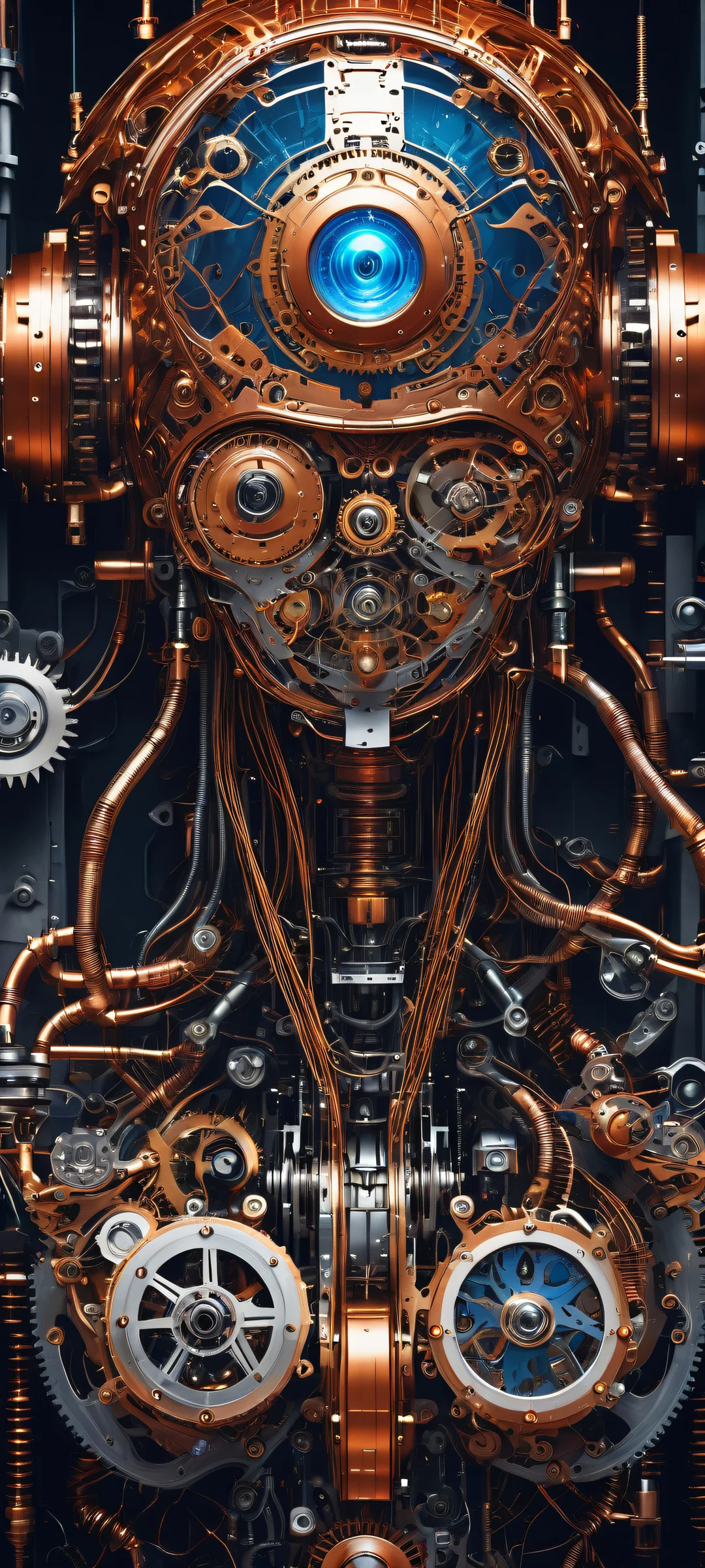A vintage-inspired robot sits in the lower-middle of this stunning artwork, surrounded by intricate gears and wires on a dark void background. Perfectly suited for iPhone/Android home screens.