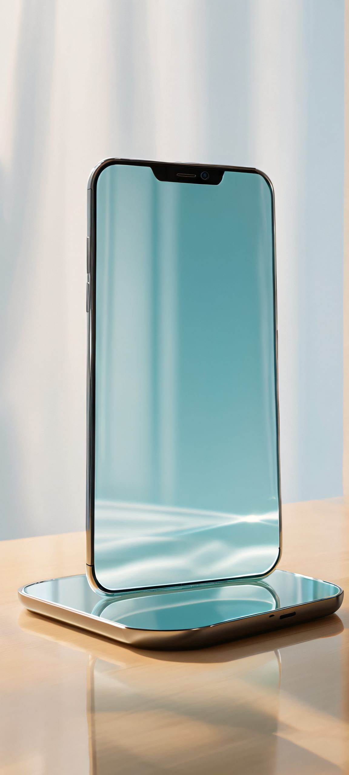 Elegant Glass Masterpiece 2K Phone Wallpaper A stunning glass tabletop scene on a transparent silvery background, perfectly optimized for iPhone and Android home screens.