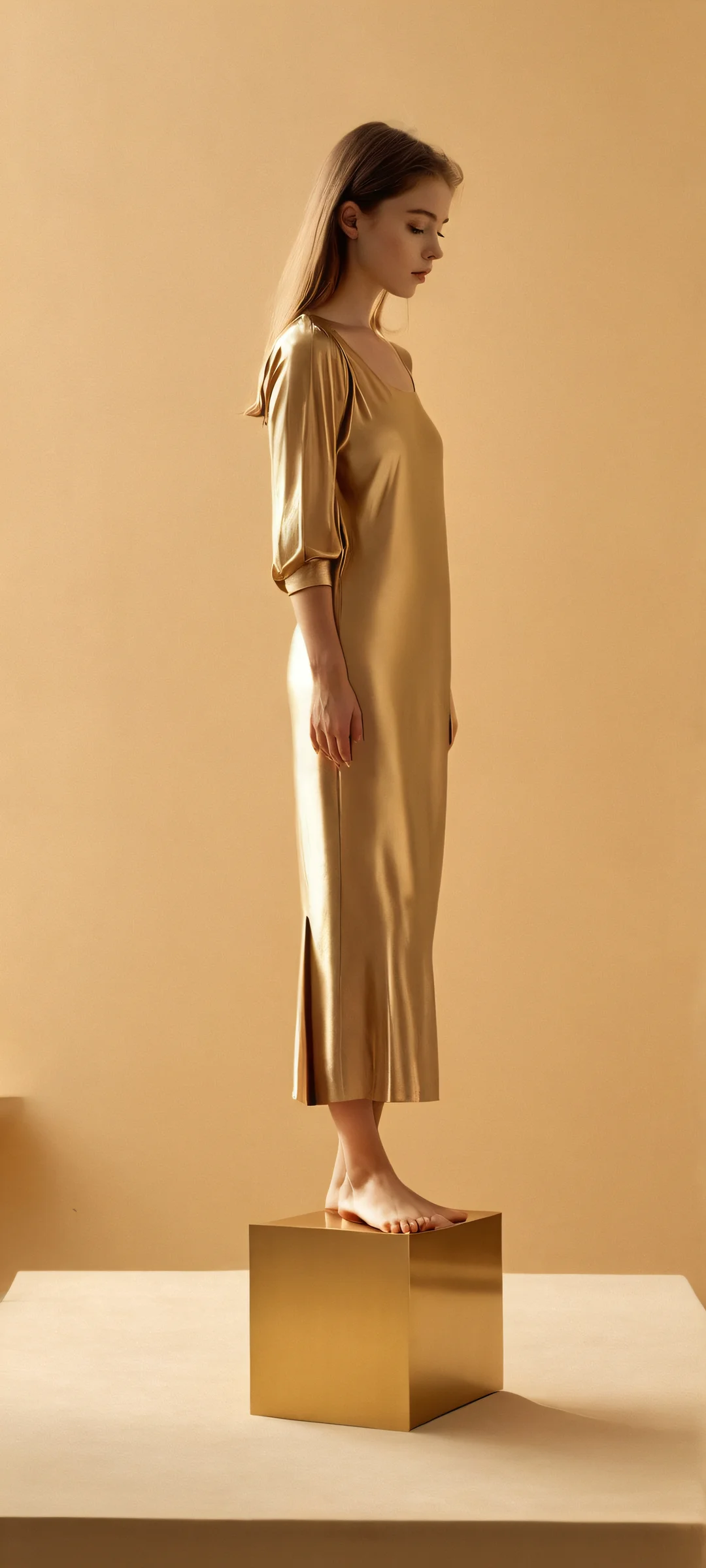 Elegant Pedestal Portrait 2K QHD Mobile Wallpaper iPhone and Android users, behold! A luxurious pedestal scene featuring a stunning girl, captured on 35mm film with Kodak Portra 400's iconic grain.