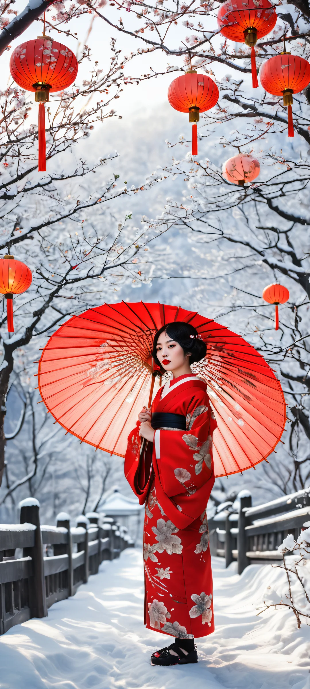 A lone girl with short black hair and red lips stands in the lower-middle, holding a skewered treat while gripping a closed oil-paper umbrella beside her, a small fox-like creature watches curiously amid glowing lanterns and snowy trees. Perfectly clean and empty top half with vast pure void, gradually transitioning into a serene winter landscape featuring snowy trees and glowing lanterns.