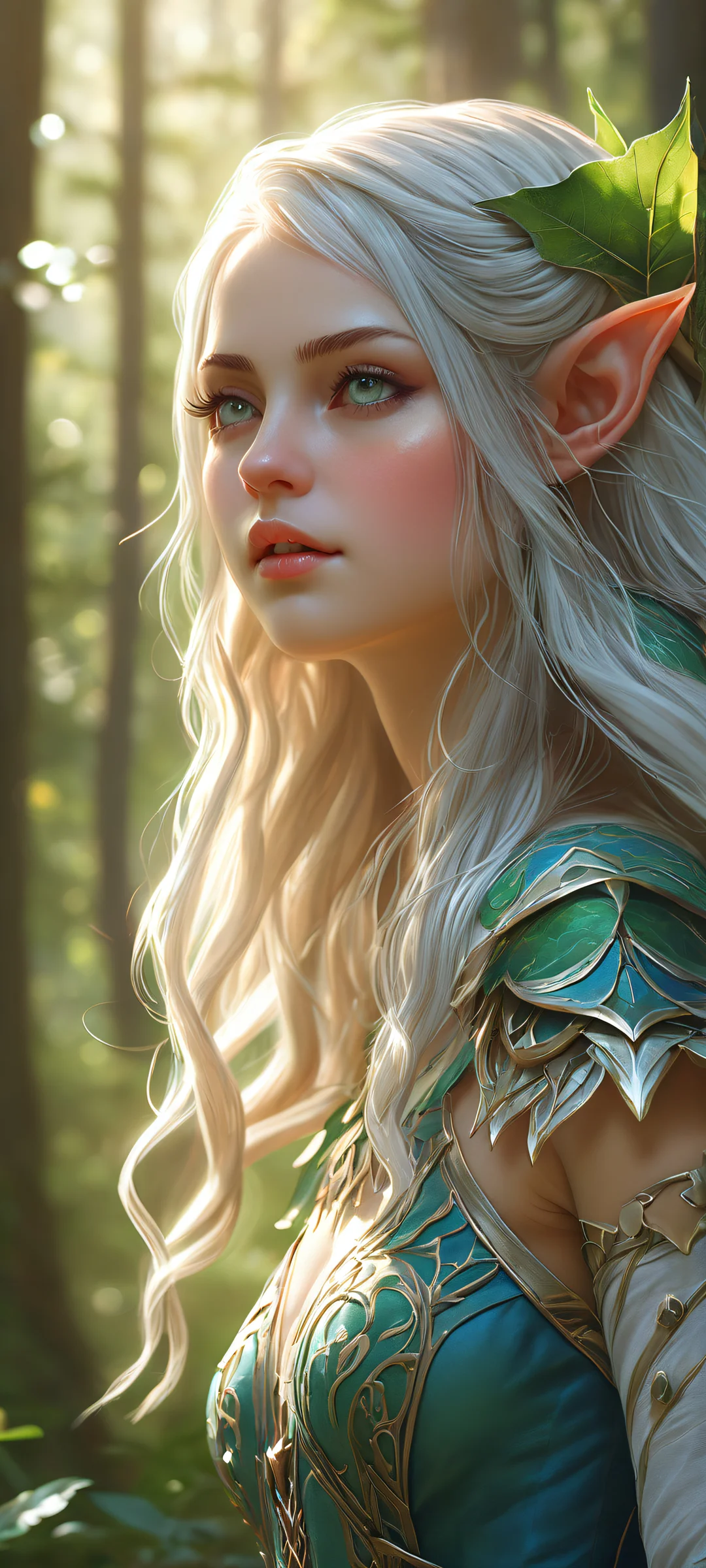 An elf girl gazing away with a hint of mystery in a vast, pure void that gradually gives way to a lush forest landscape. Perfect for iPhone/Android home screens.