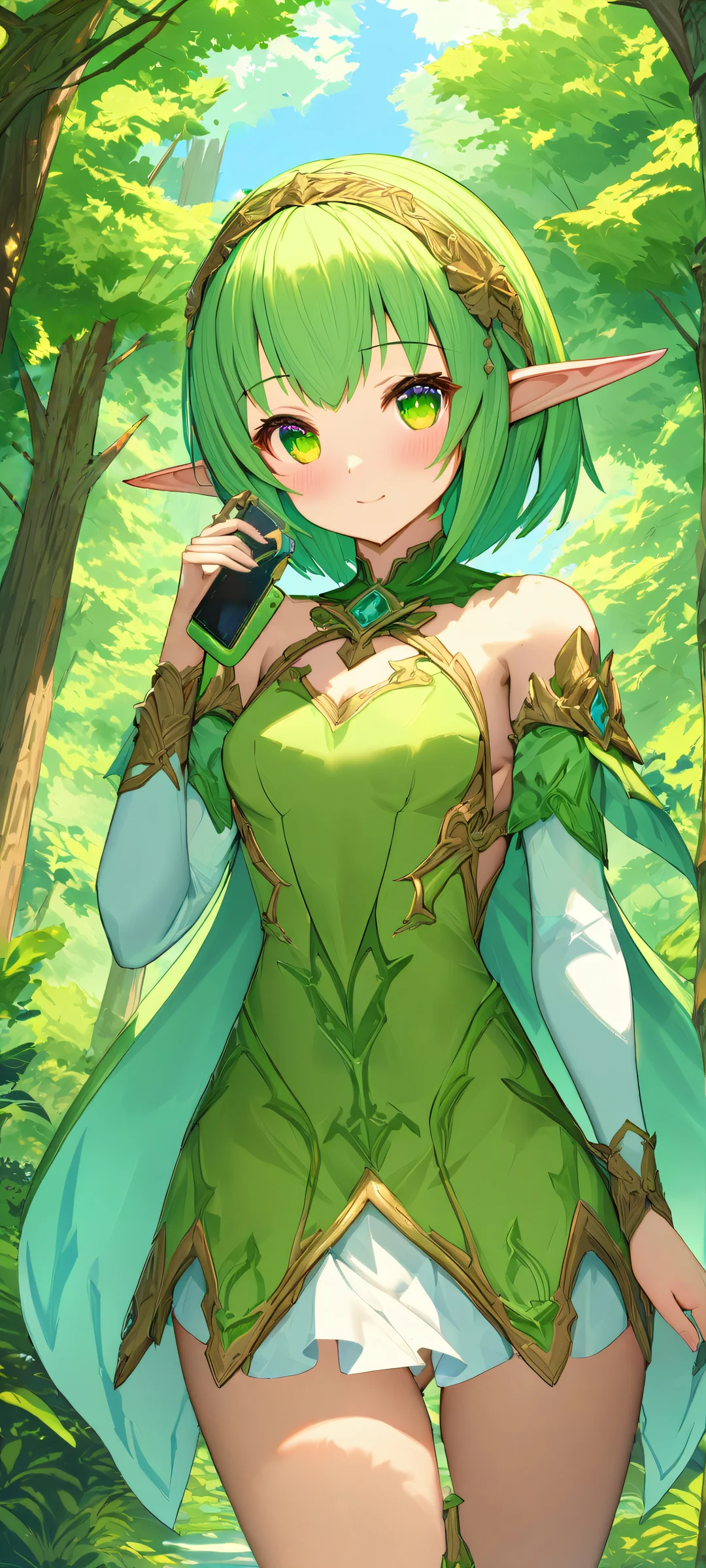 A mystical elf girl surrounded by lush forest foliage, perfectly optimized for iPhone and Android home screens.