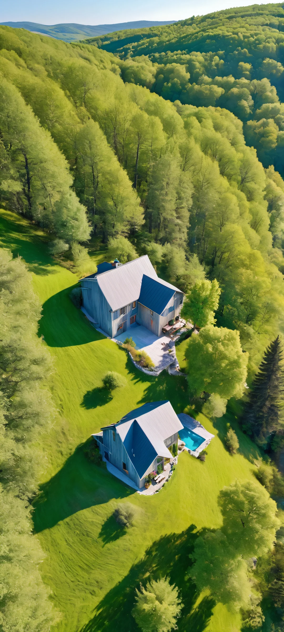 iPhone/Android mobile wallpaper of serene hills and house with insane micro-details, perfectly optimized for iOS and Android home screens.