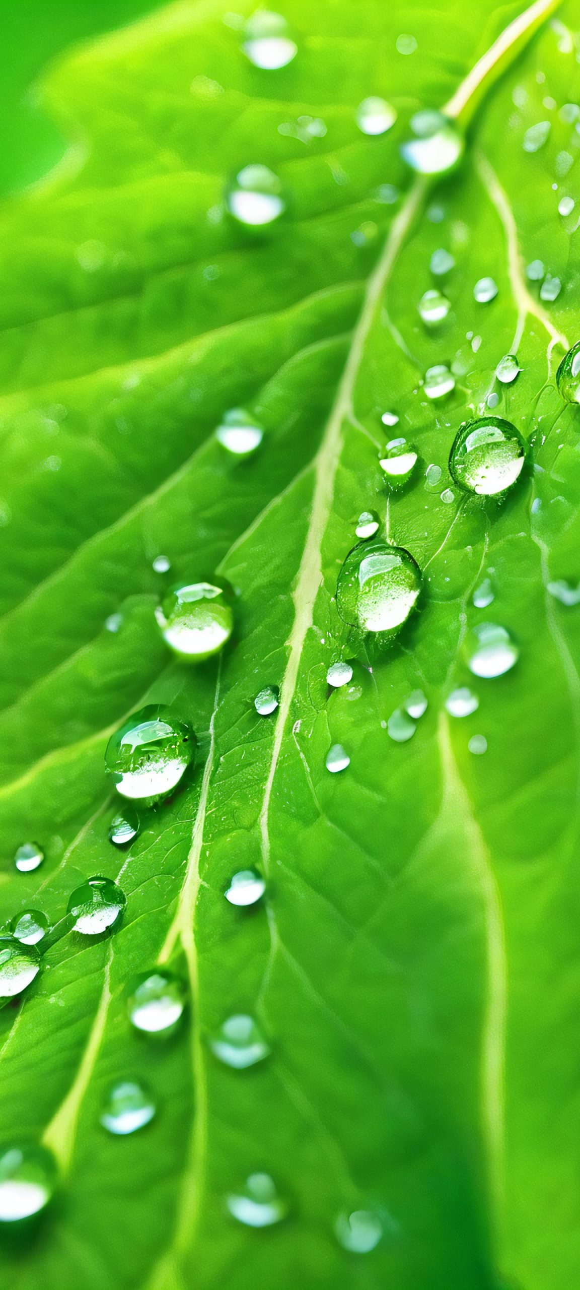 Macro shot of green leaf with water droplets, perfectly optimized for iPhone and Android home screens.