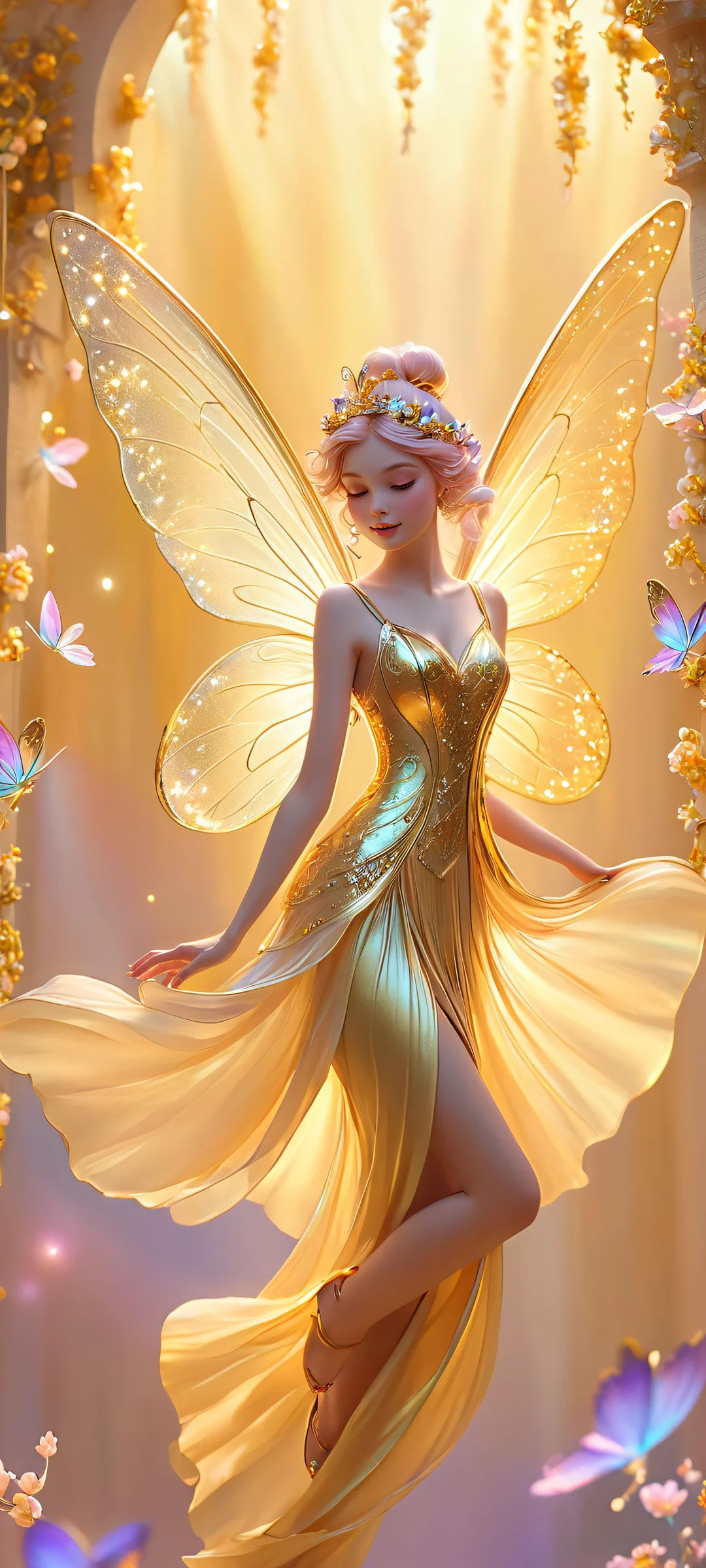 Enchanted Forest Fairy 2K QHD Mobile Wallpaper A whimsical fairy surrounded by glowing soft pastel colors and gold details on a beautiful fantasy landscape for iPhone/Android wallpapers.