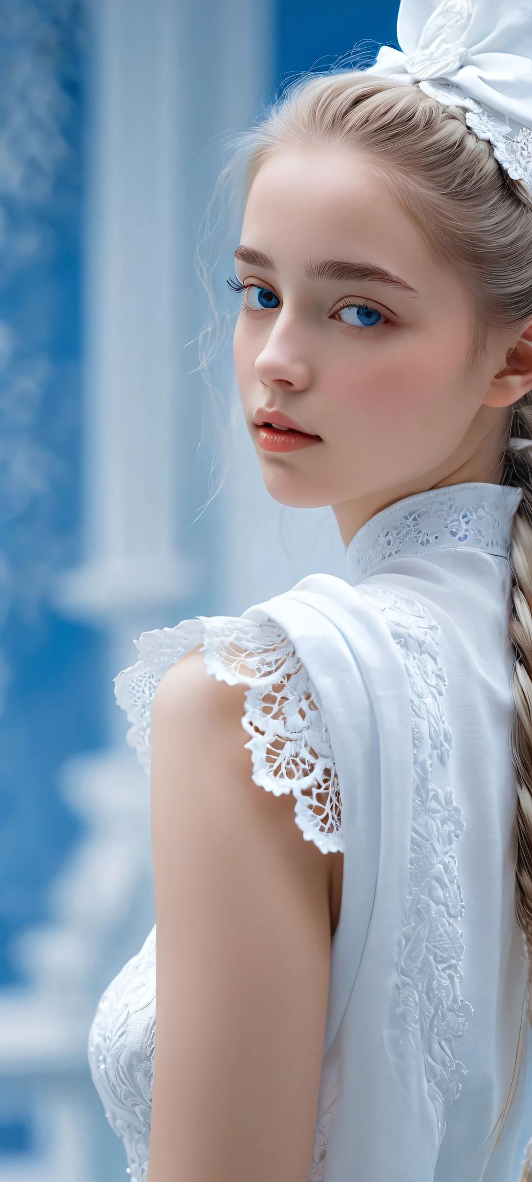 iPhone and Android users will be enchanted by this realistic depiction of a mysterious maiden, with soft blue and white hues. Perfectly optimized for high-resolution displays.