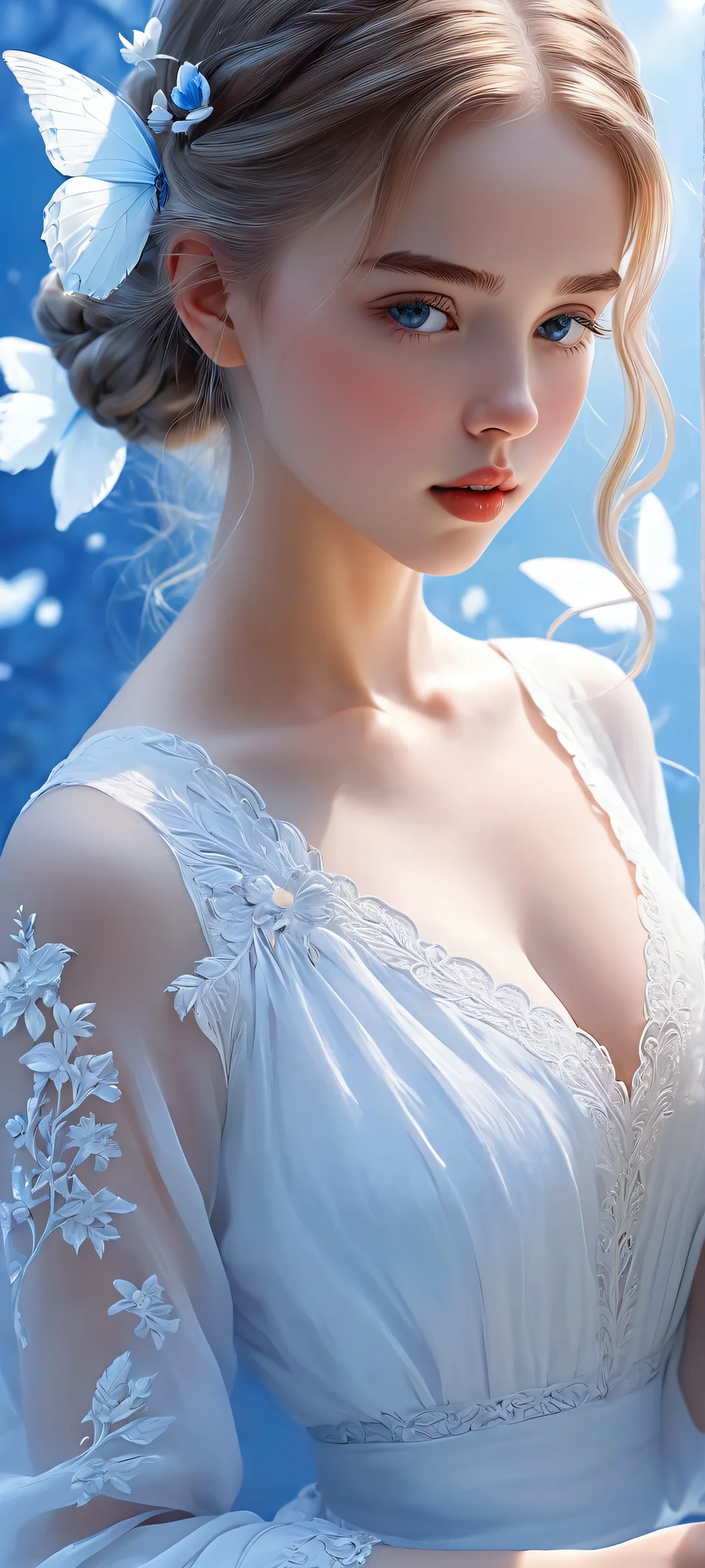 A mystical illustration of a girl surrounded by soft blue and white hues, perfect for iPhone or Android home screens.