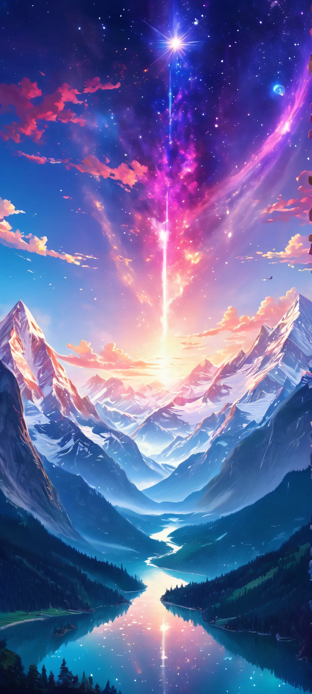 A magical iPhone/Android wallpaper of a fantastical landscape with towering trees, glowing mushrooms, and a starry night sky.