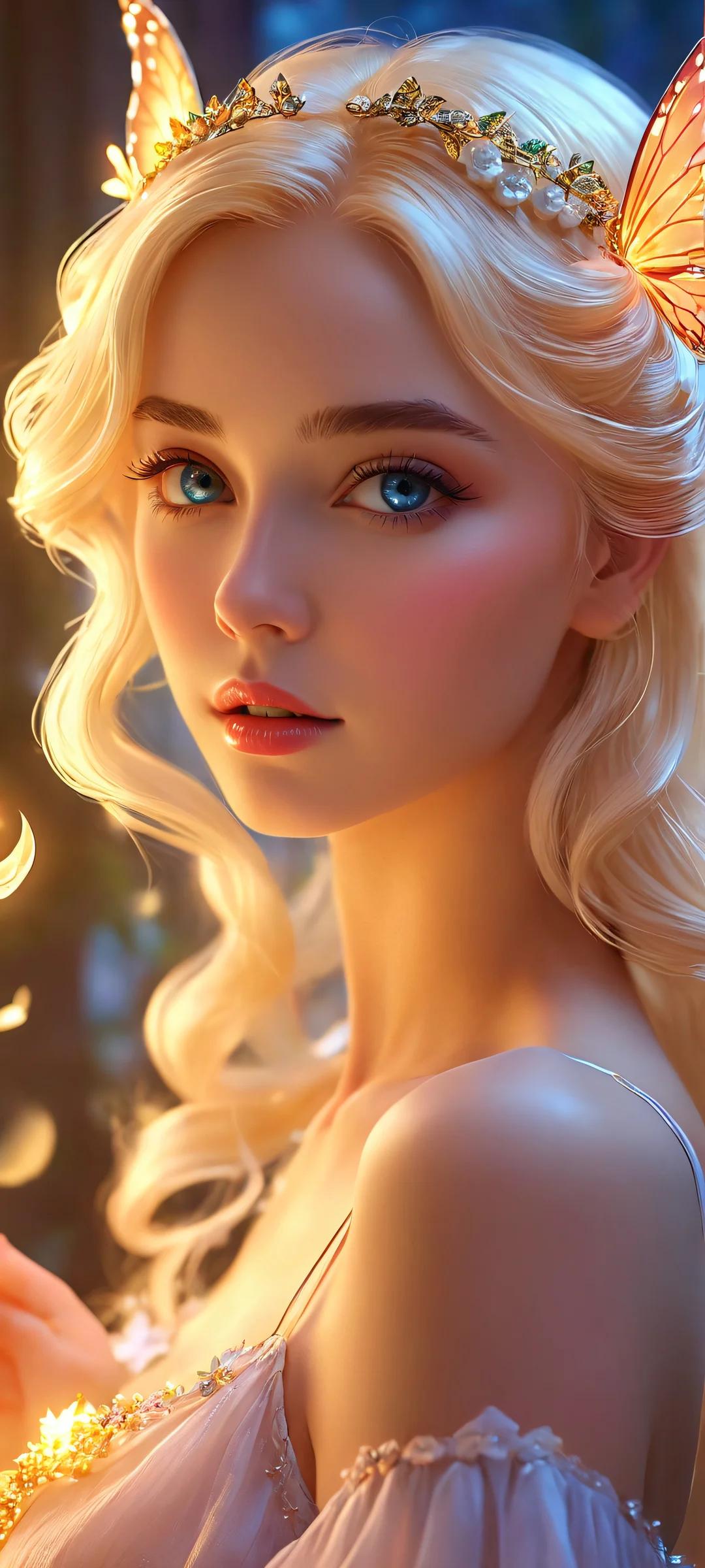 Glowing blonde fairy in a whimsical fantasy landscape, perfectly suited for iPhone and Android devices.