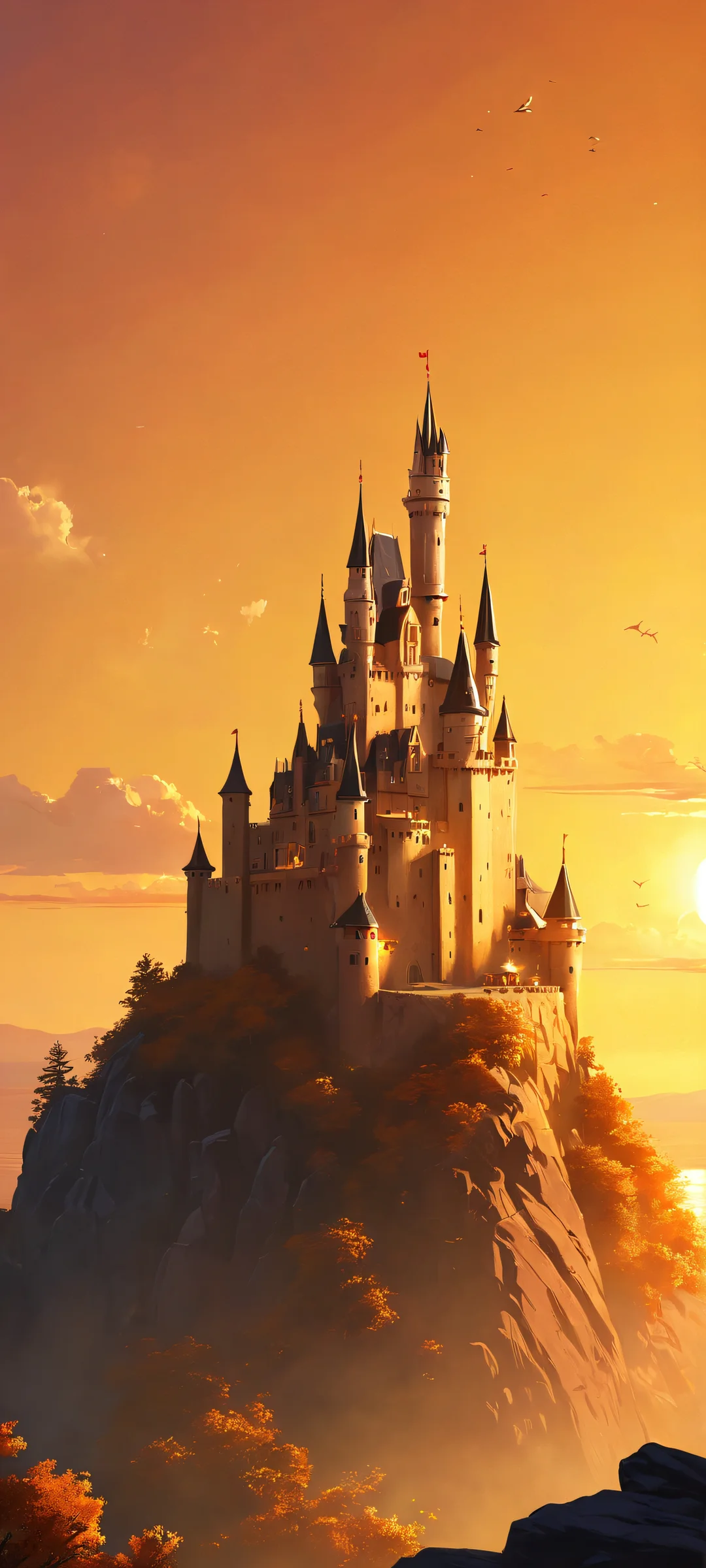 Enchanted Sunset Castle iPhone & Samsung QHD Wallpaper Breathtaking Castle on a Rock against a dreamlike oil painting sunset sky. Perfectly optimized for iPhone and Android home screens.