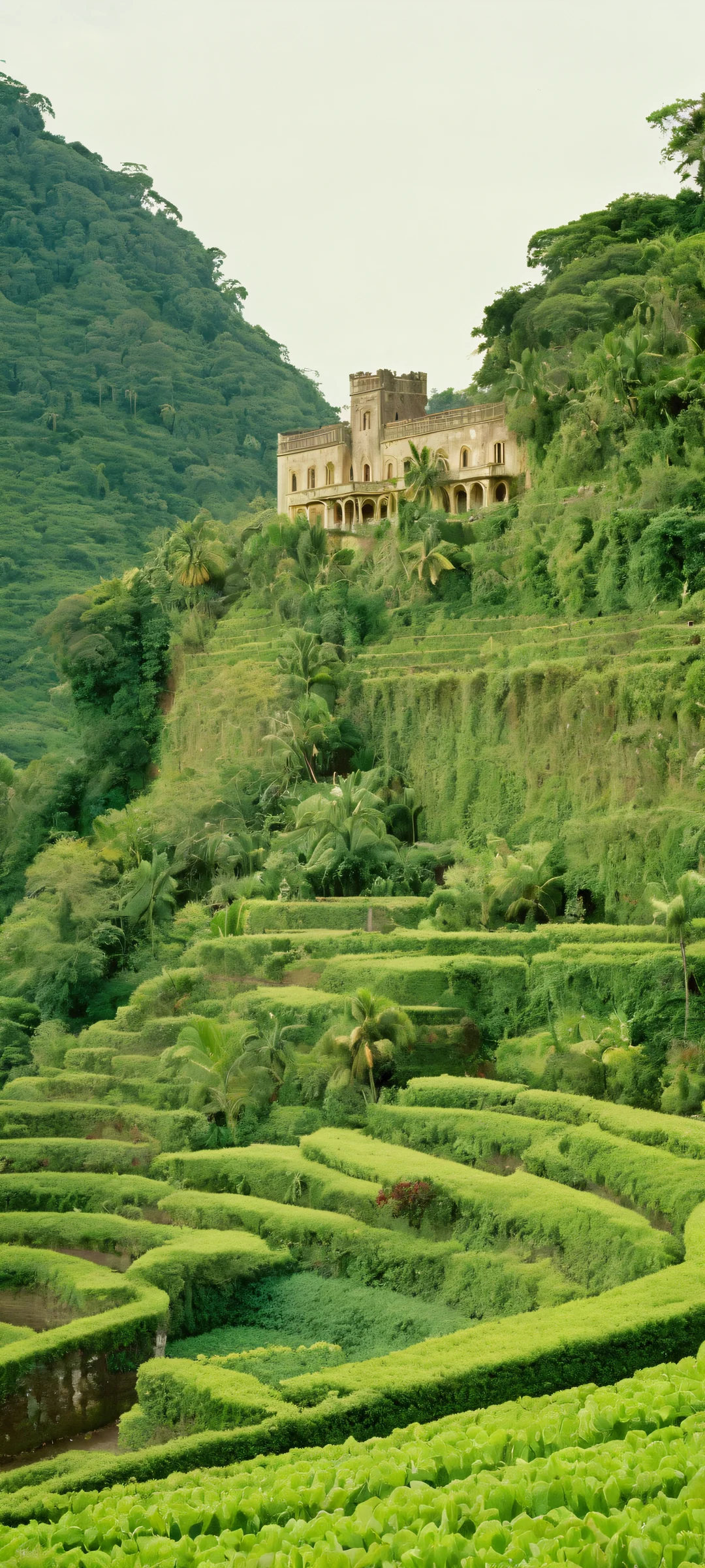 Enchanting Castle Oasis iPhone & Android Wallpaper Explore the mystical realm of this iPhone/Android compatible artwork, featuring a stunning castle and terraced plantation, shot on 35mm film using Kodak Portra 400.